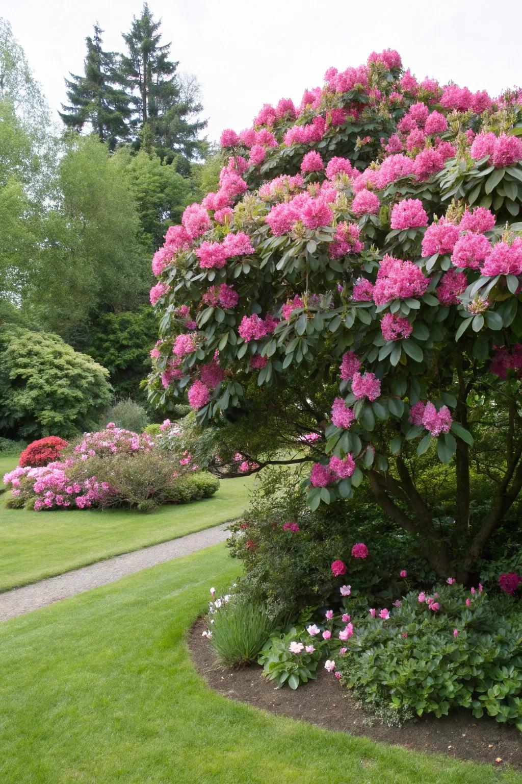 A majestic rhododendron acting as a garden's focal point.