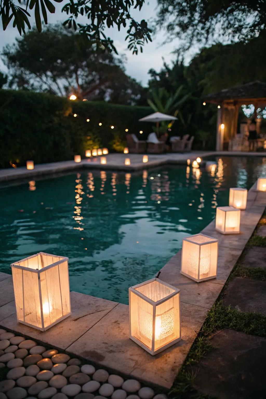 Drifting flame boxes creating a magical poolside ambiance.