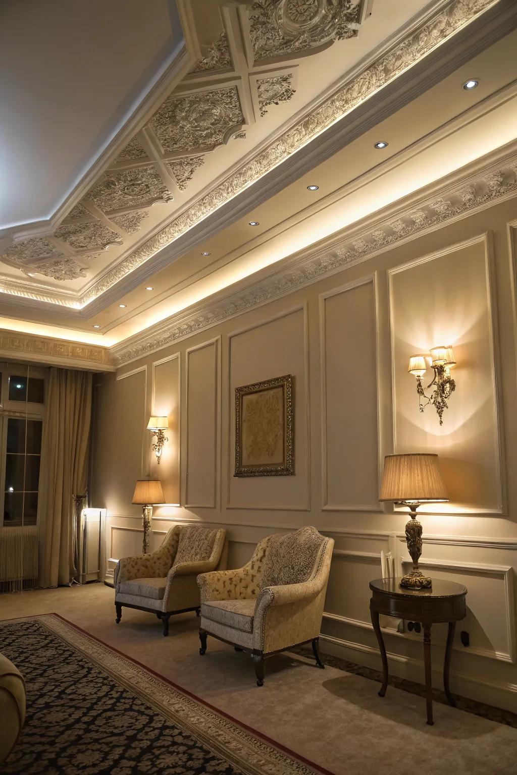 A space featuring brightened wide crown molding, enhancing the ambiance with subtle lighting.