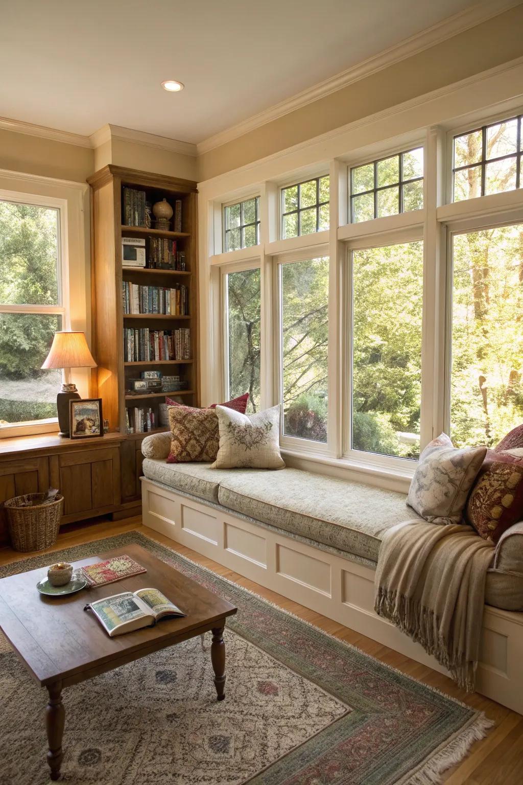 A cozy window seat where you can enjoy looking out or reading a book.