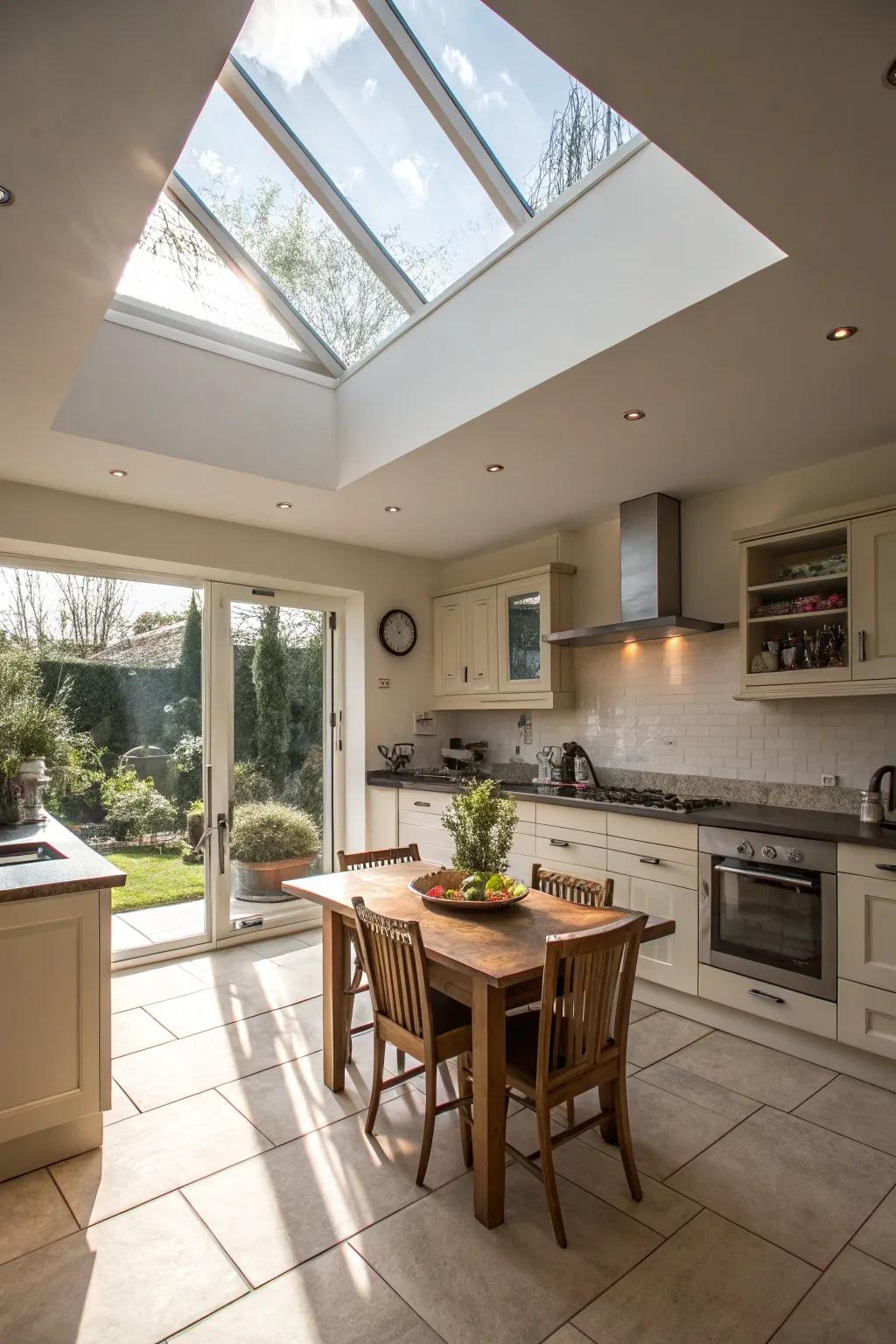 A kitchen enriched with natural light from a large window in the roof.