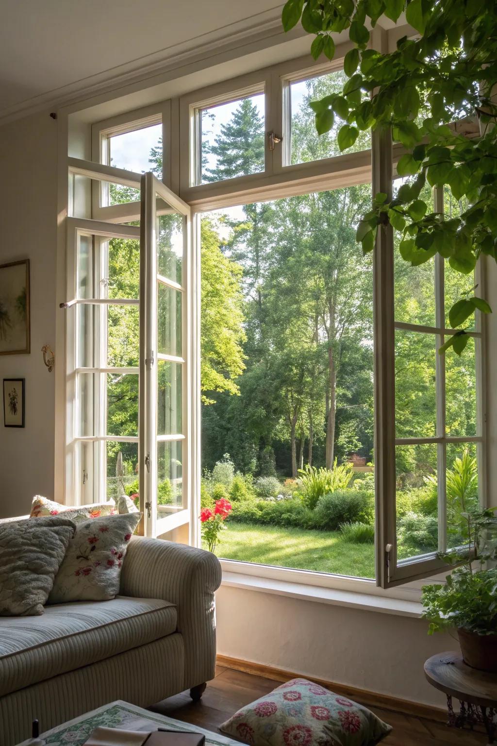 Hinged windows that bring the refreshing air and greenery inside.