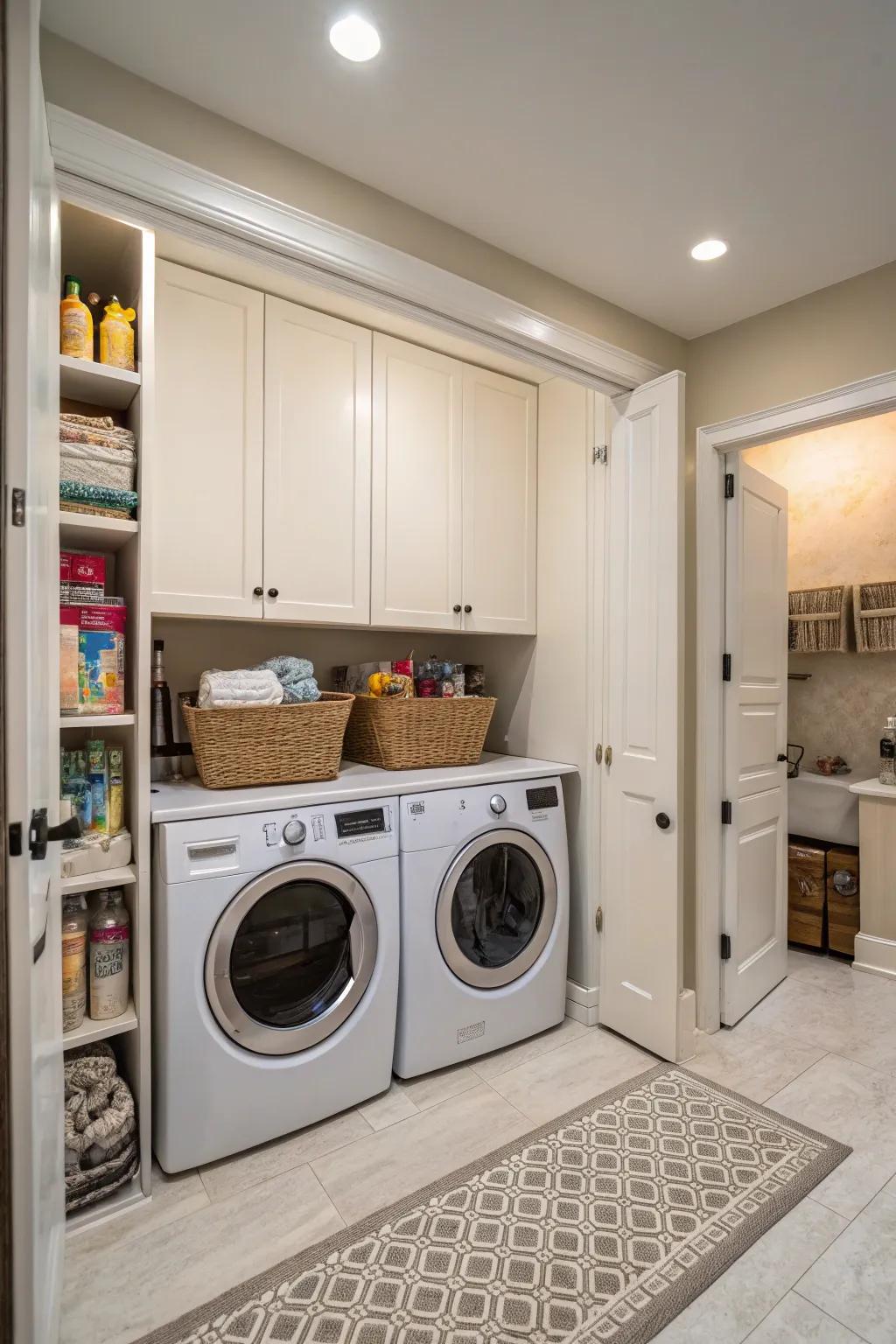 Elegant hidden cabinets contribute to a clean, minimalist aesthetic.