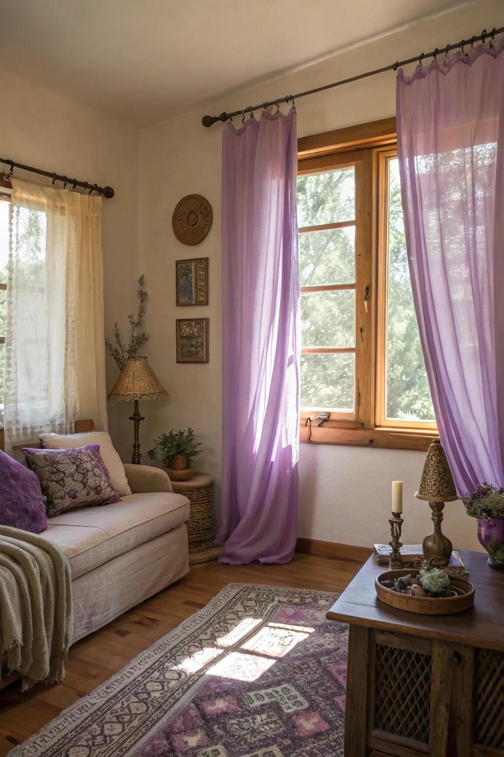A space transformed by lilac curtains and warm natural light.