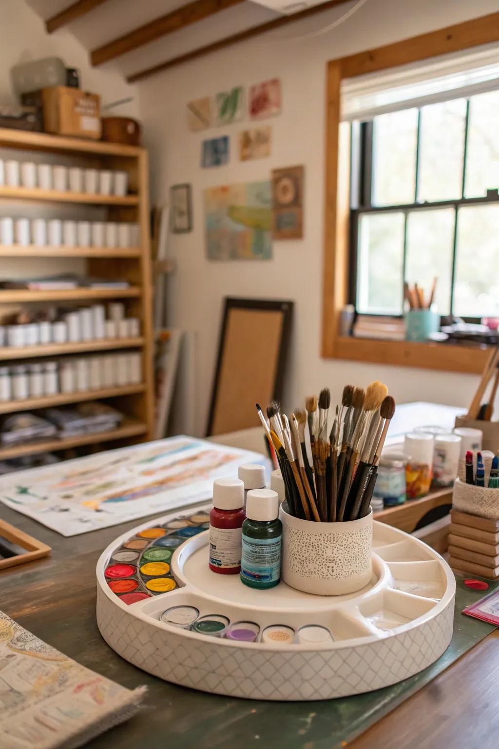 Keep craft supplies organized with a spinning organizer.