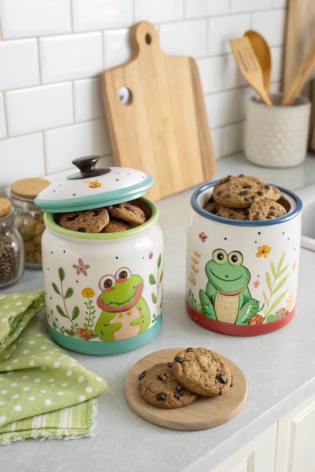 Frog-themed cookie jars store treats with style.