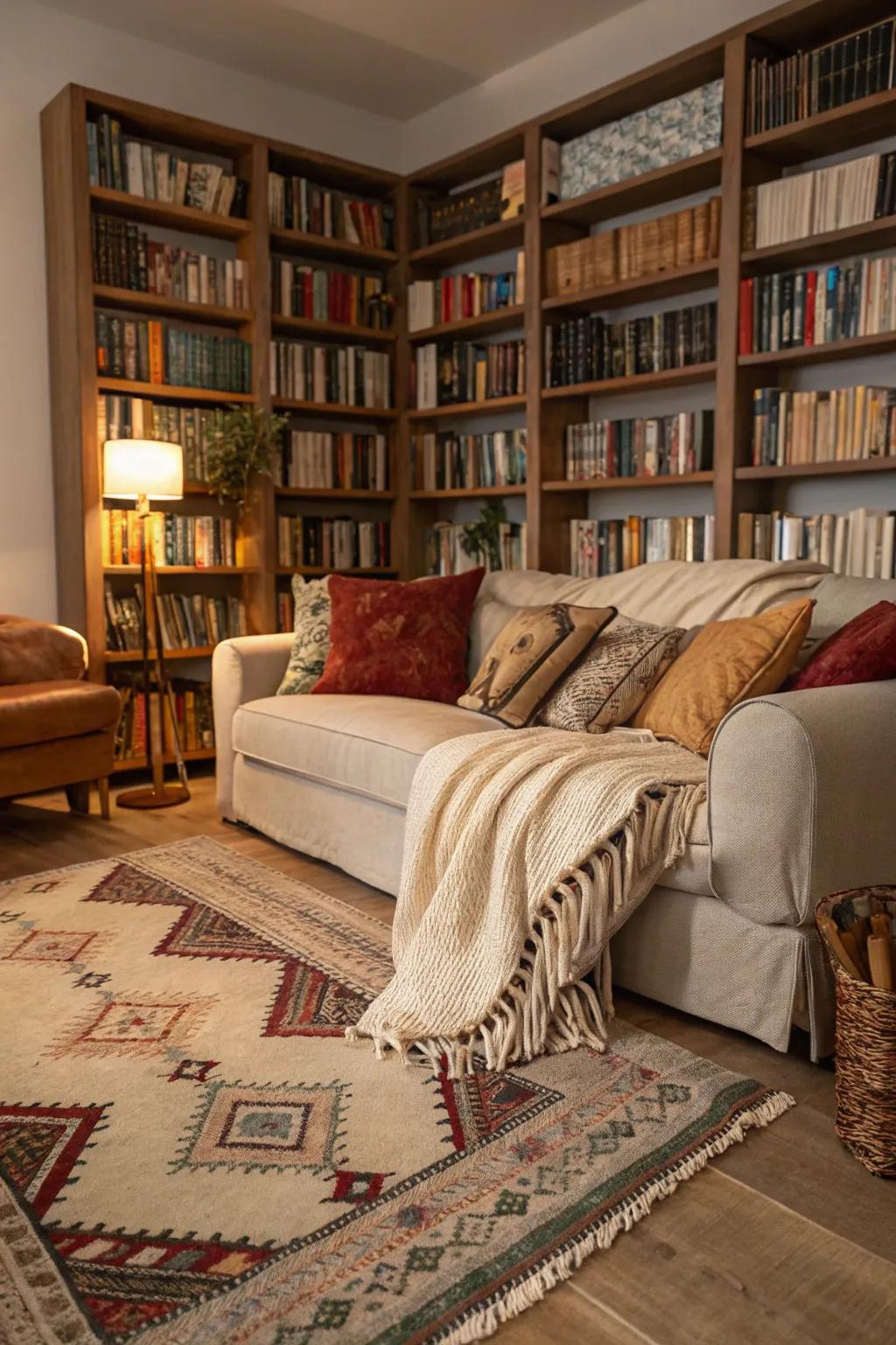 Rugs and throws that introduce warmth and texture to the library space.