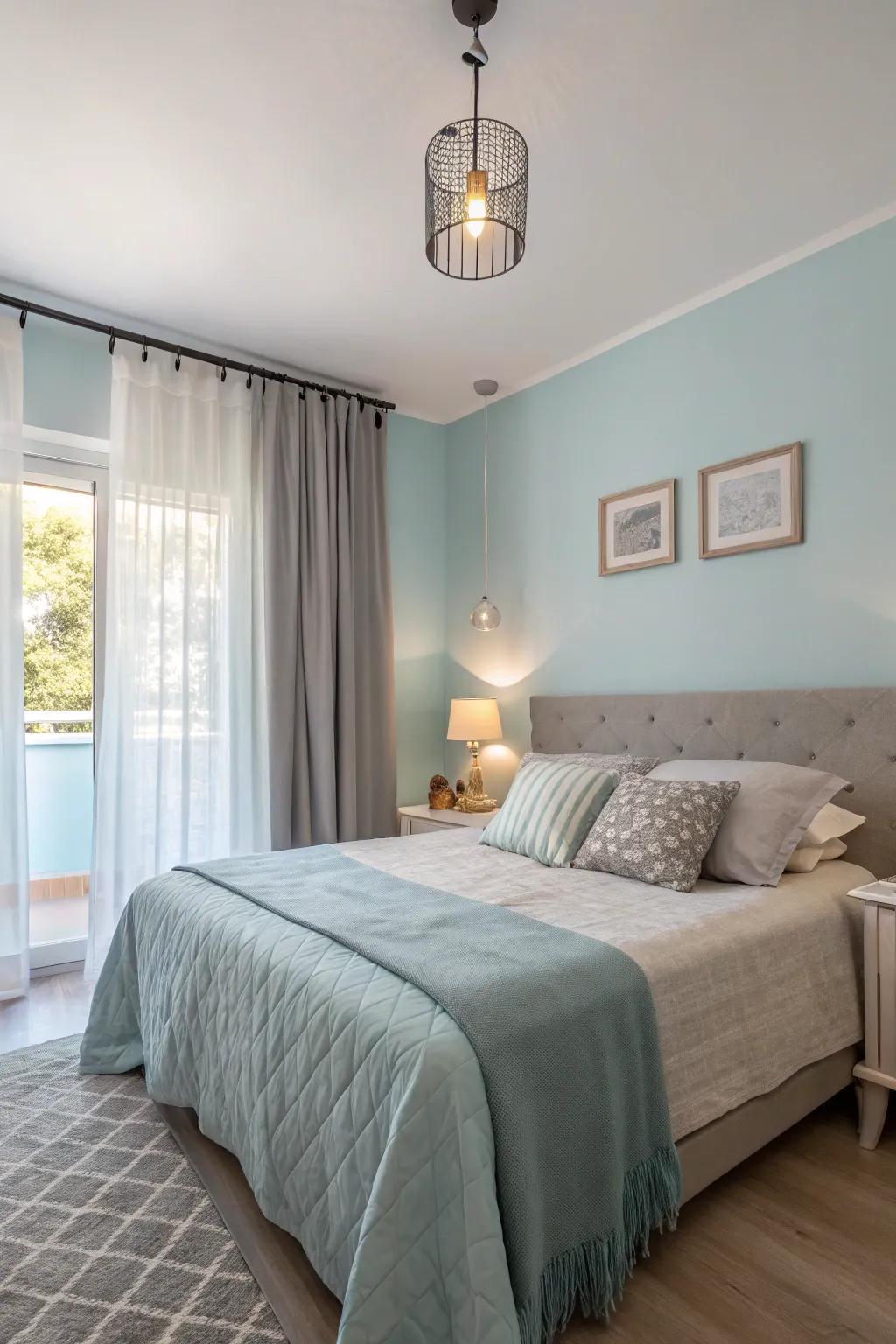 A tranquil bedroom showcasing a calming combination of pale blue and soft gray tones.