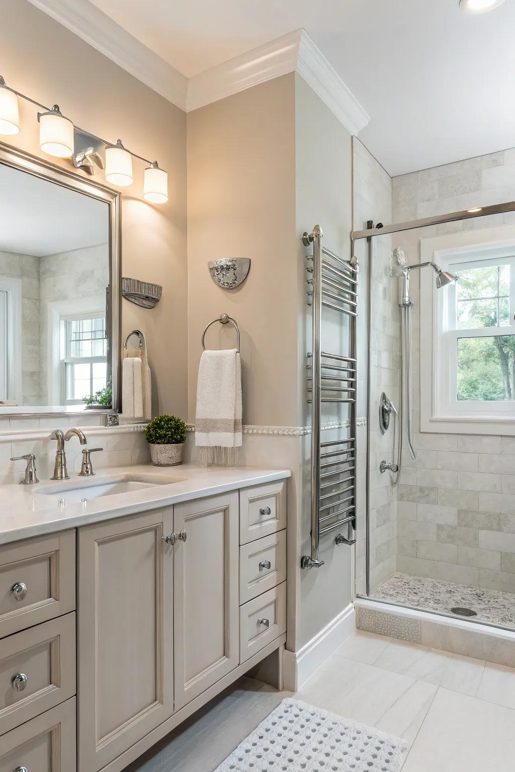 Metallic details contribute radiance and modernity to a bright-colored bathroom.