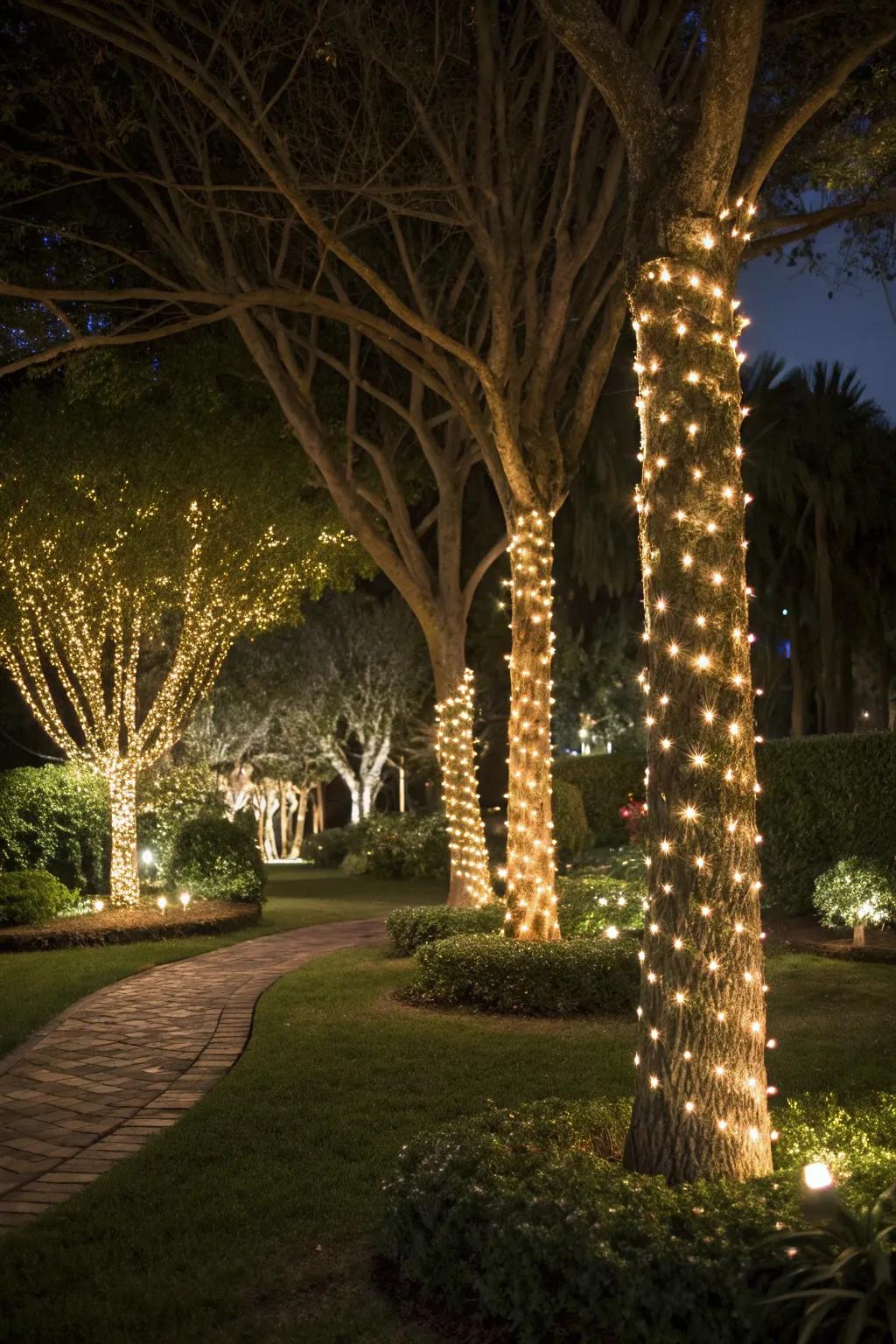 A magical garden vibe using tree trunk lights.