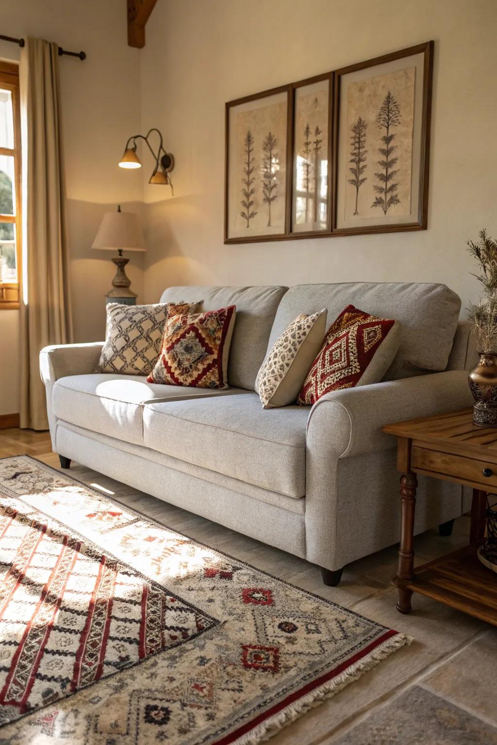 Patterns introduce character and depth to a pale stone sofa setting.