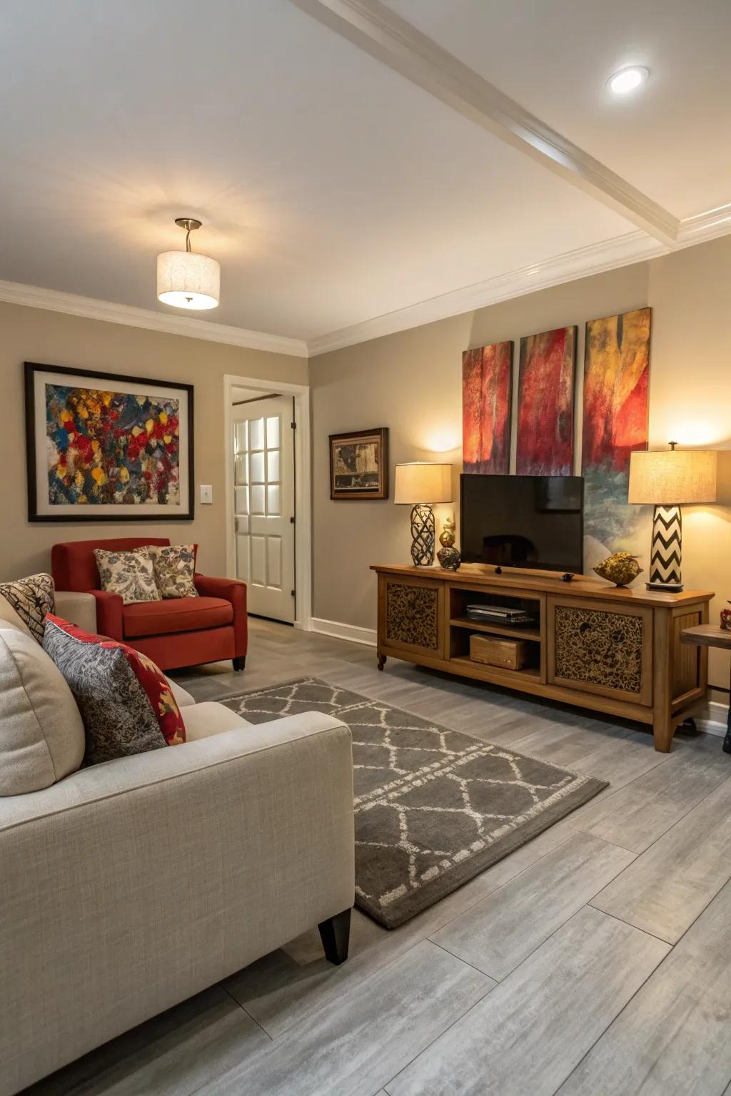 A creative living area with light grey flooring and striking art.