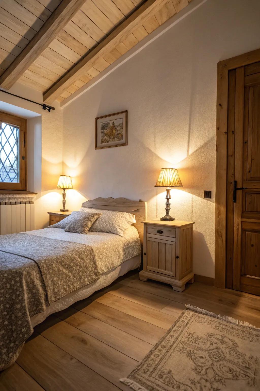 Warm lighting enhancing the coziness of a pale timber floor sleeping quarter.