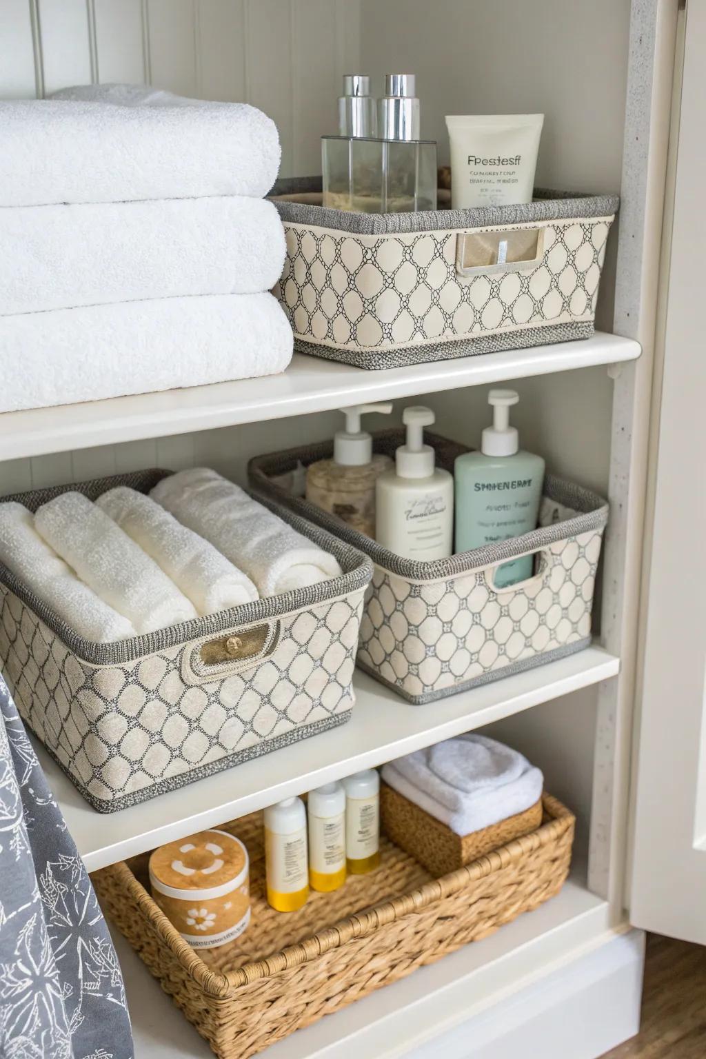 Fashionable plates add both function and flair to a linen closet.