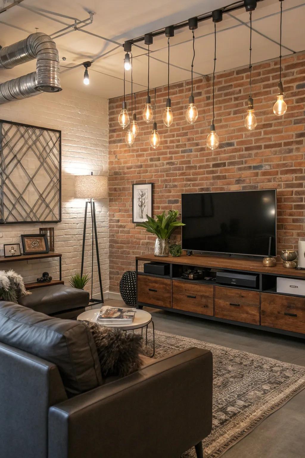 Faux brick contributes industrial charm and personality to this living space.