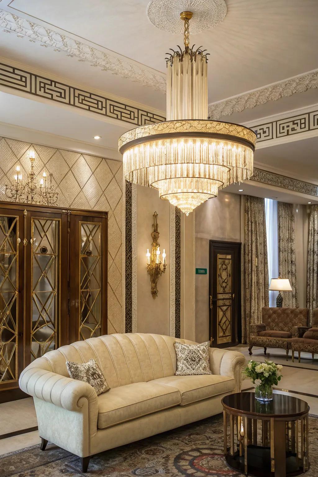 A living room displaying an Art Deco chandelier with elaborate designs.