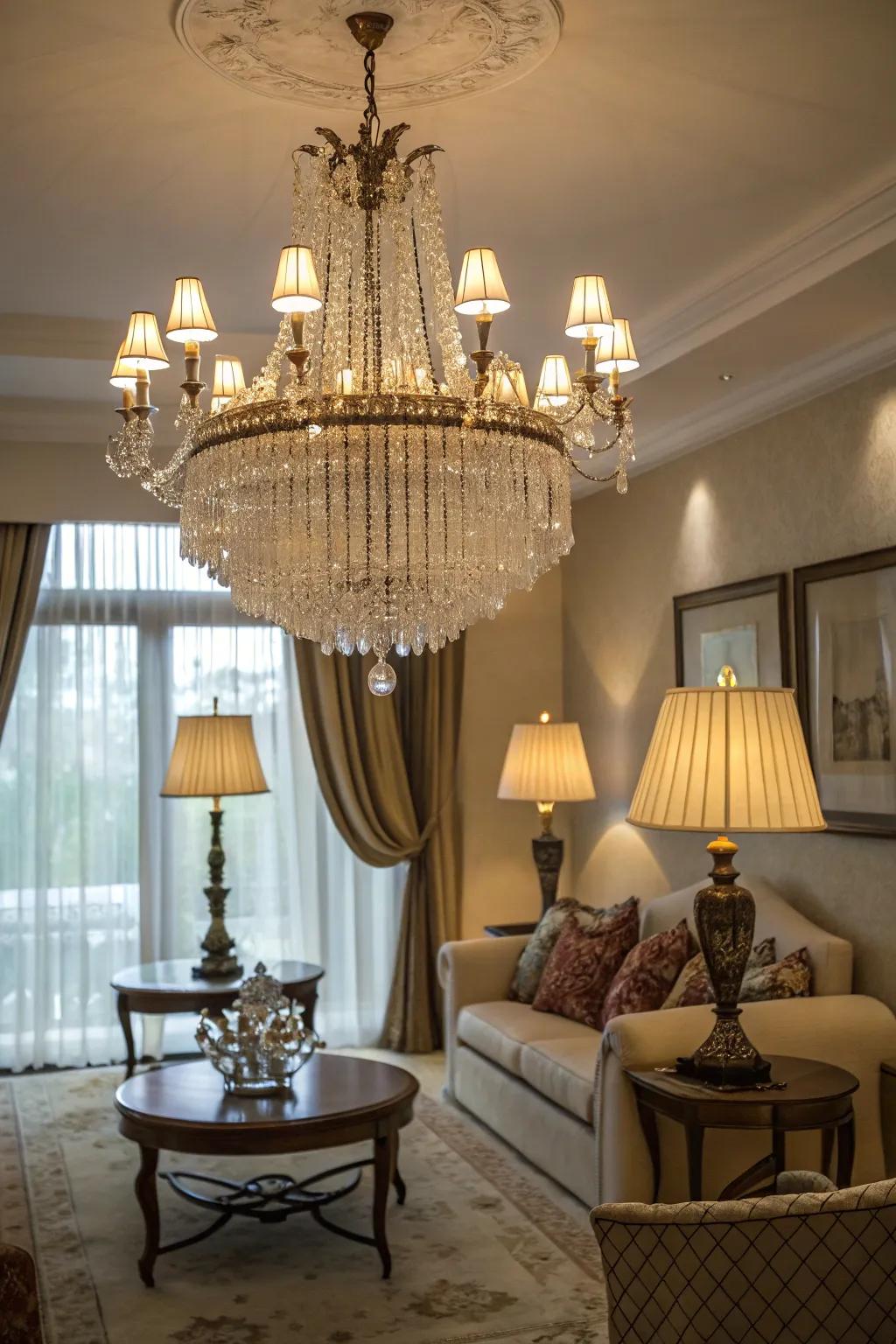 Statement lighting adds elegance and highlights your living room&rsquo;s design.