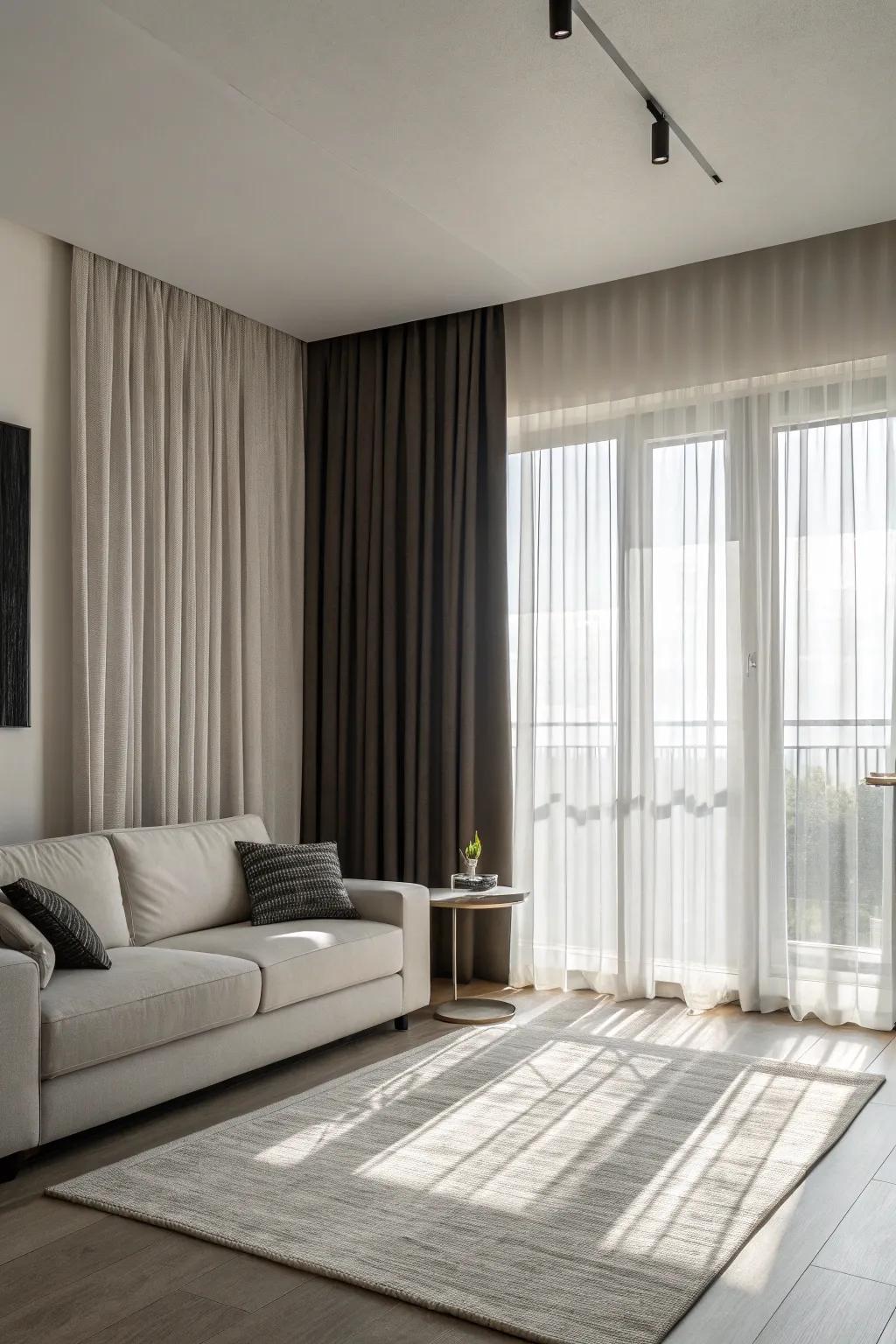 Monochrome curtains deliver a minimalist and streamlined aesthetic.
