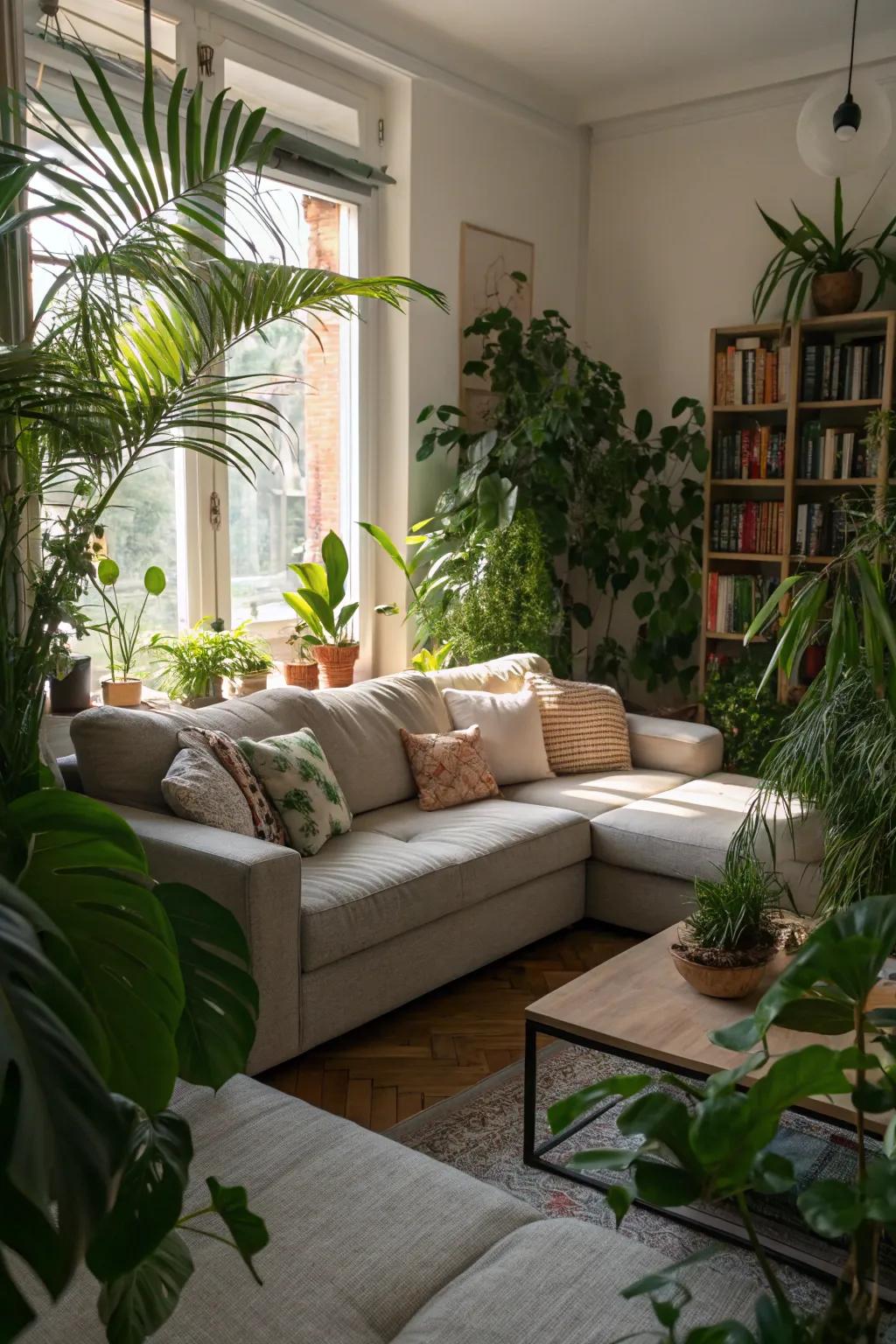 Greenery adds a fresh element to the sectional area.