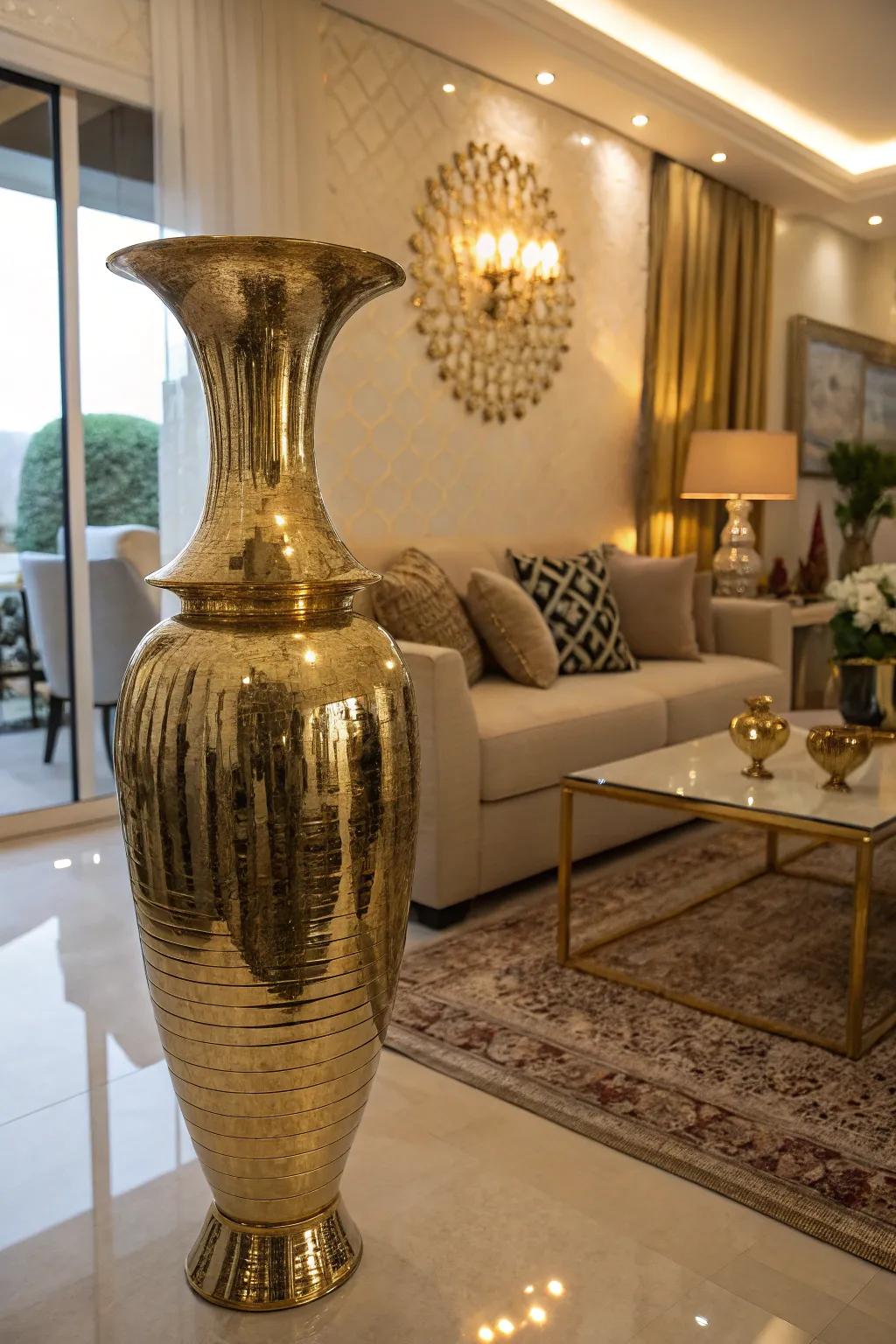 A metal gold holder adds a hint of glamour to an elegant living space.
