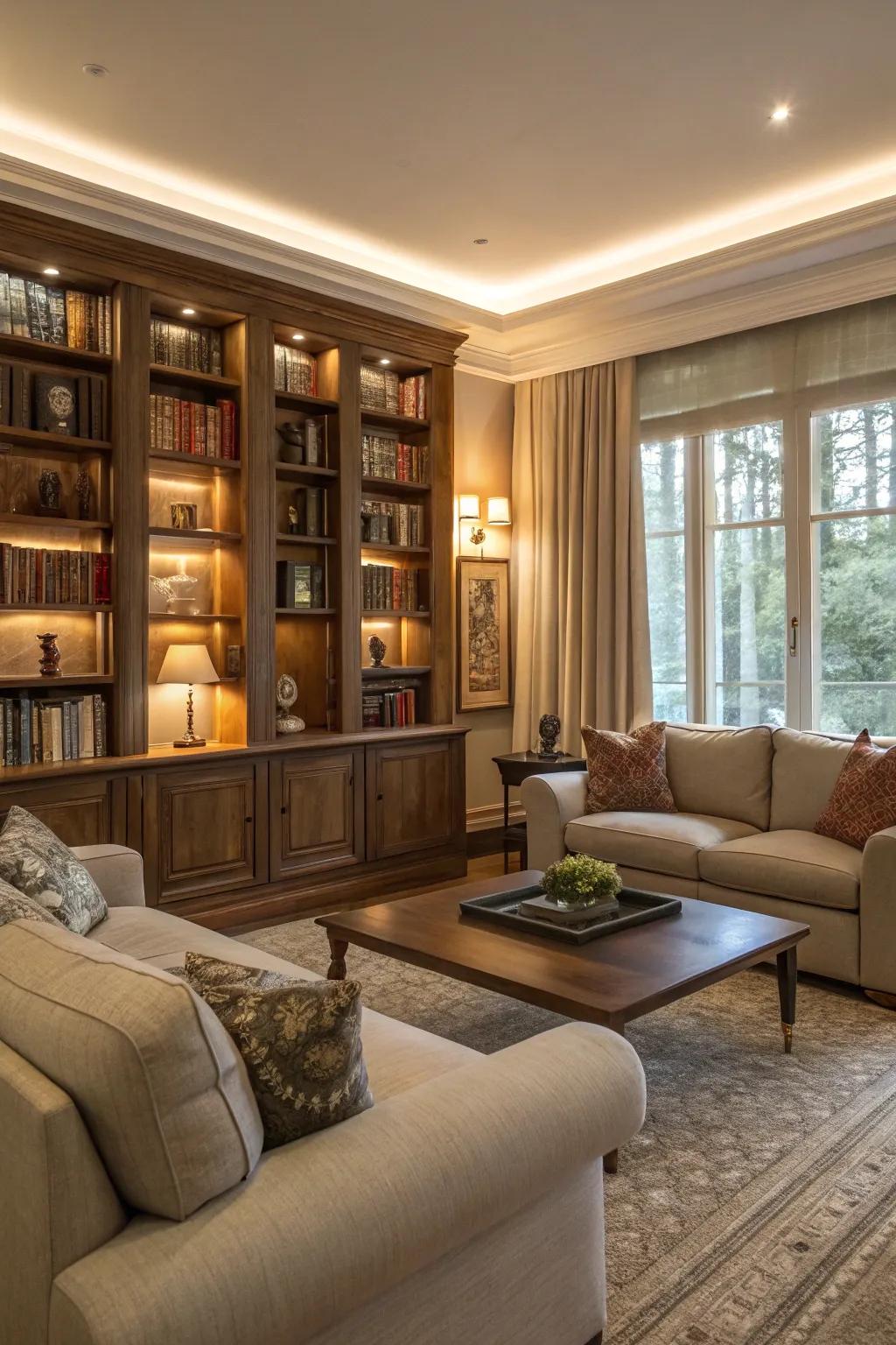 A balanced living room design incorporating built-in bookcases.