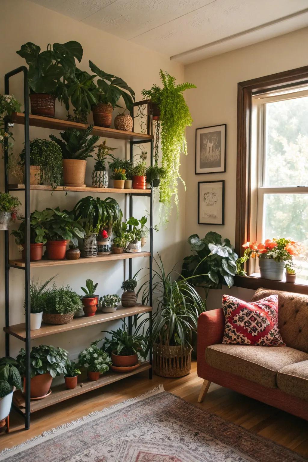Plants infuse a touch of nature into the shelves.