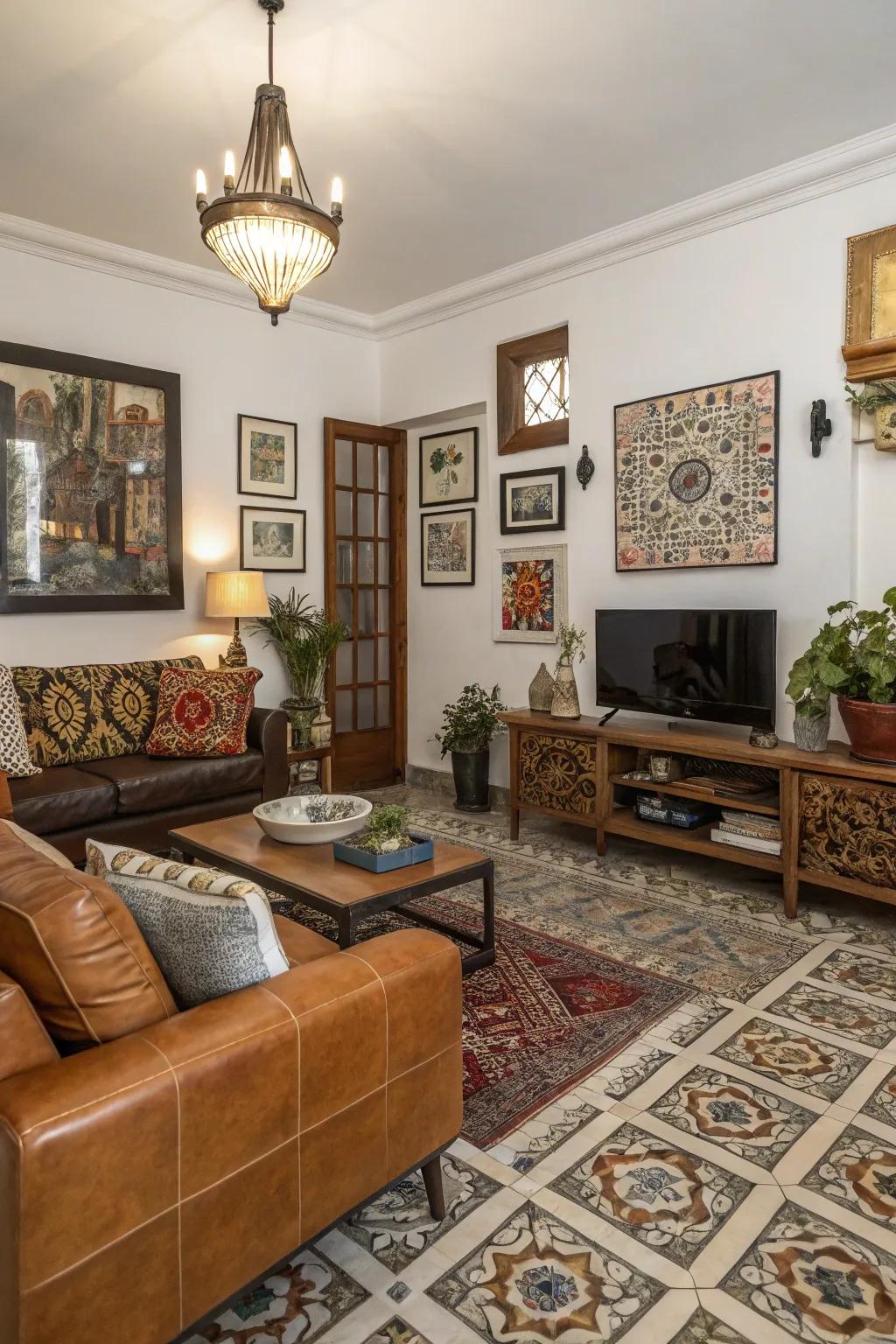 Dynamic living area with mixed-texture tiles.