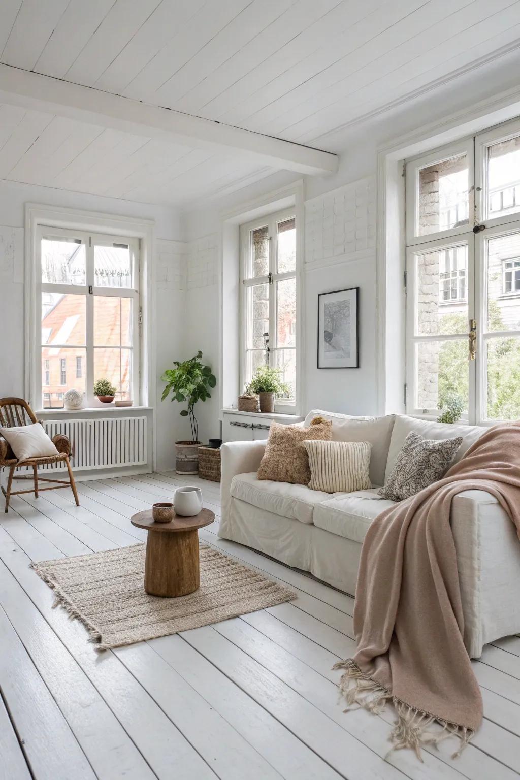 Scandinavian design's simplicity and function shine on bright hardwood floors.