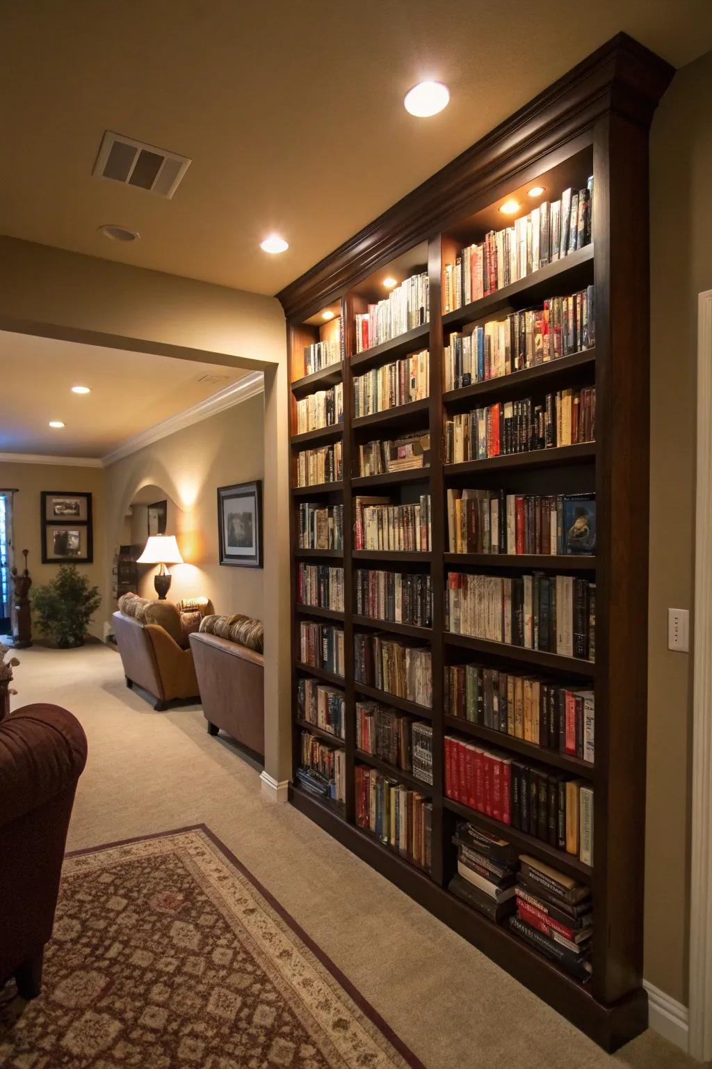 Creating a dedicated book wall adds comfort and dramatic style to your living room ambiance.