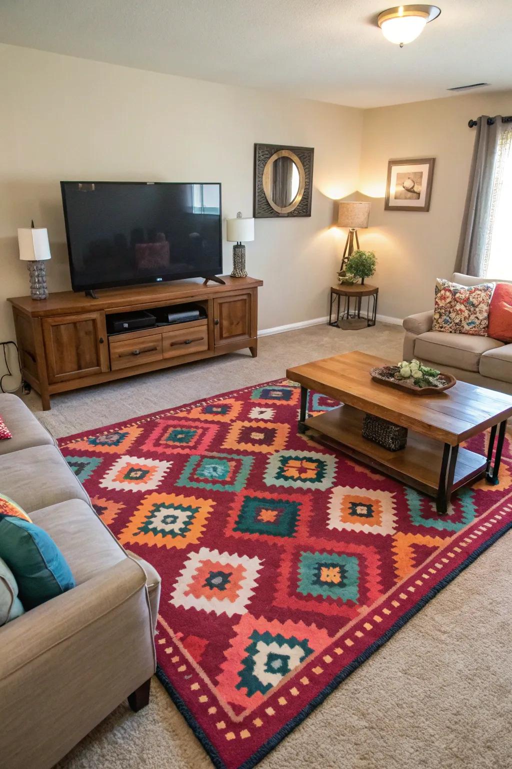A decorative floor covering adds vibrancy and texture to the TV space.