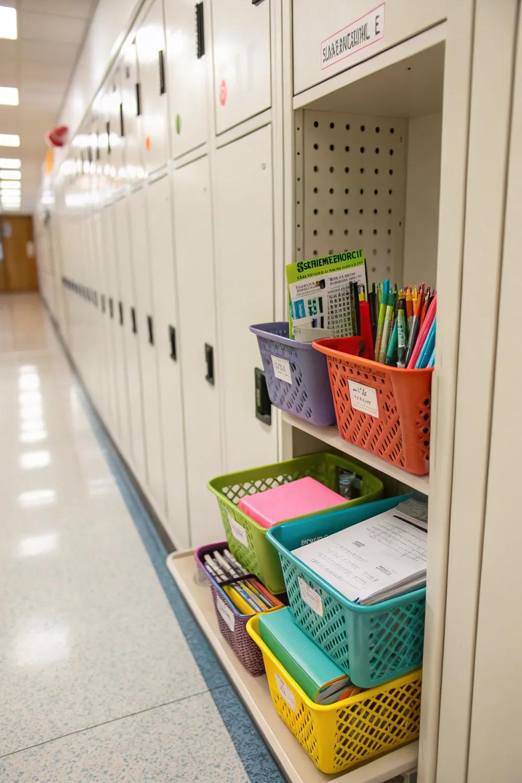 A locker with pragmatic storage bins for organized and efficient space management.