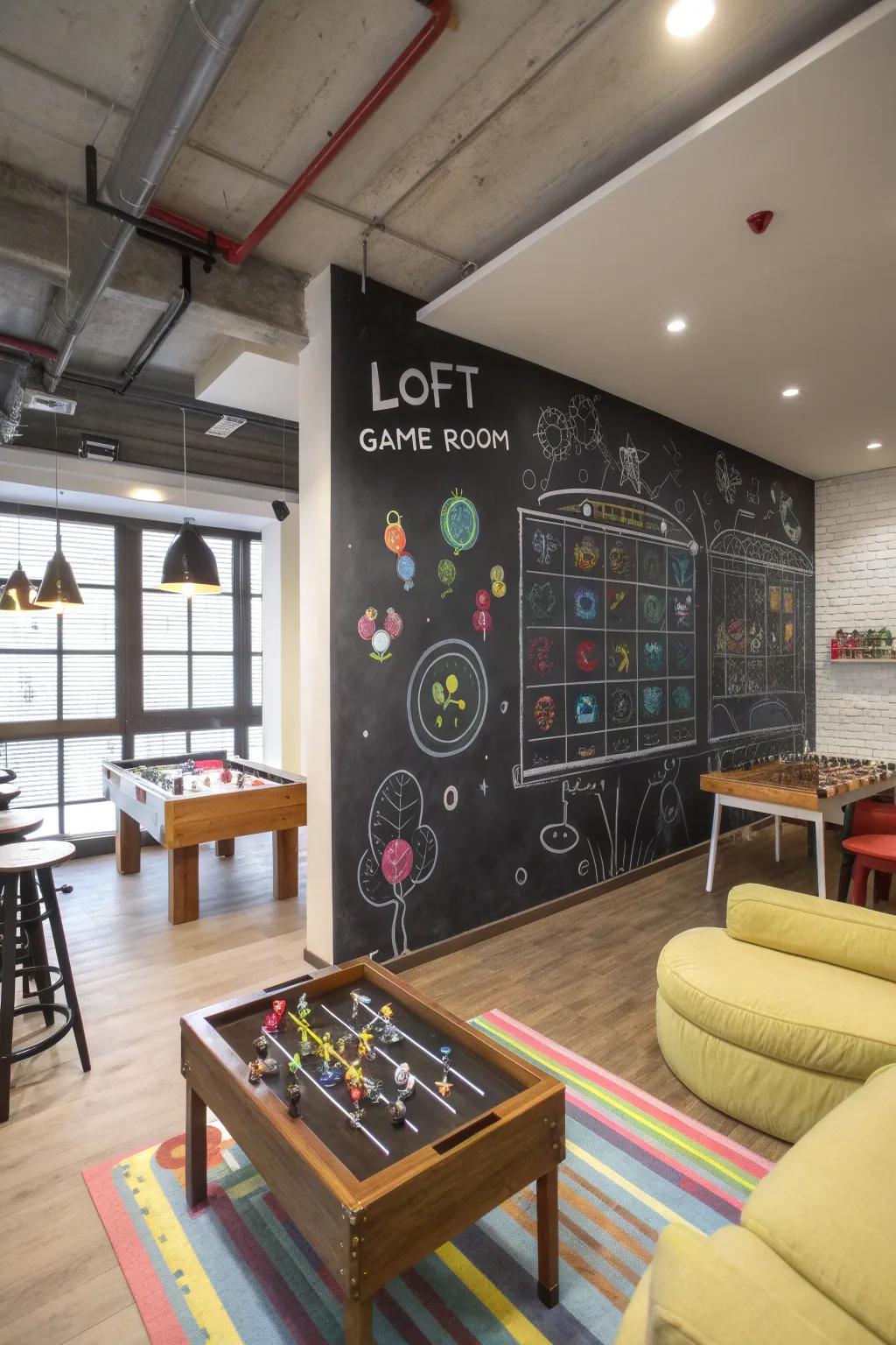 A chalkboard wall inspires creativity and interaction within the game room.
