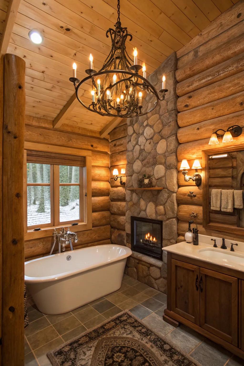 A log cabin bathroom with rustic lighting fixtures.