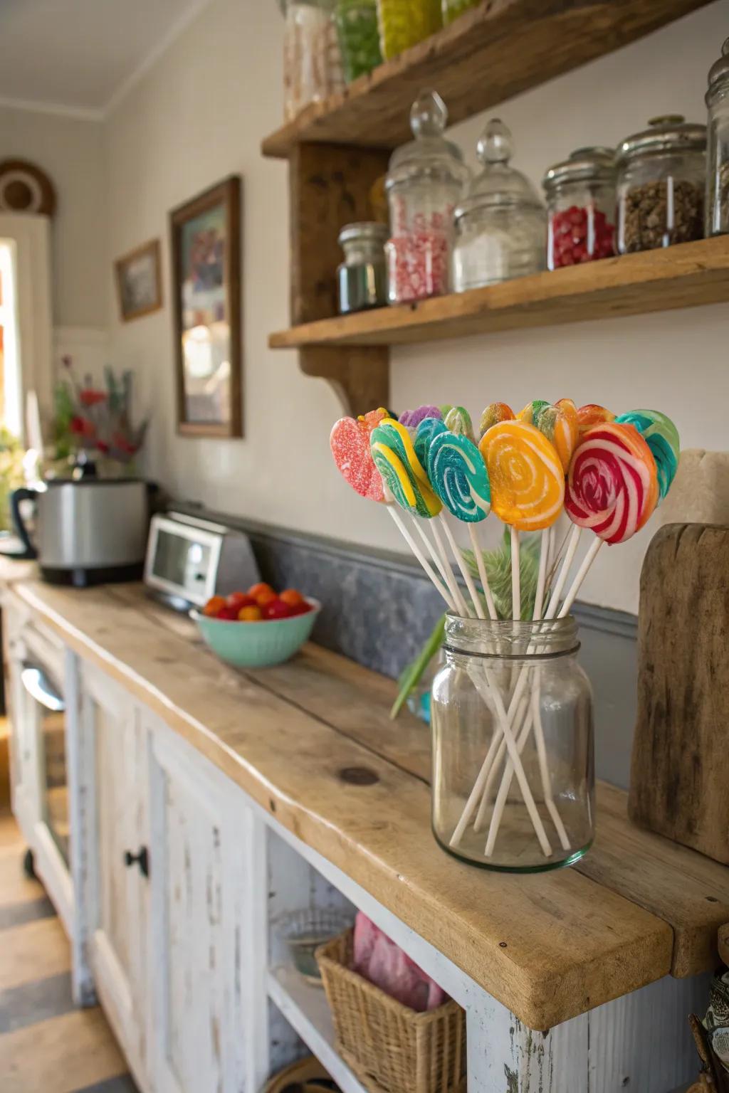 Preservation containers contribute a countryside charm to lollipop displays.