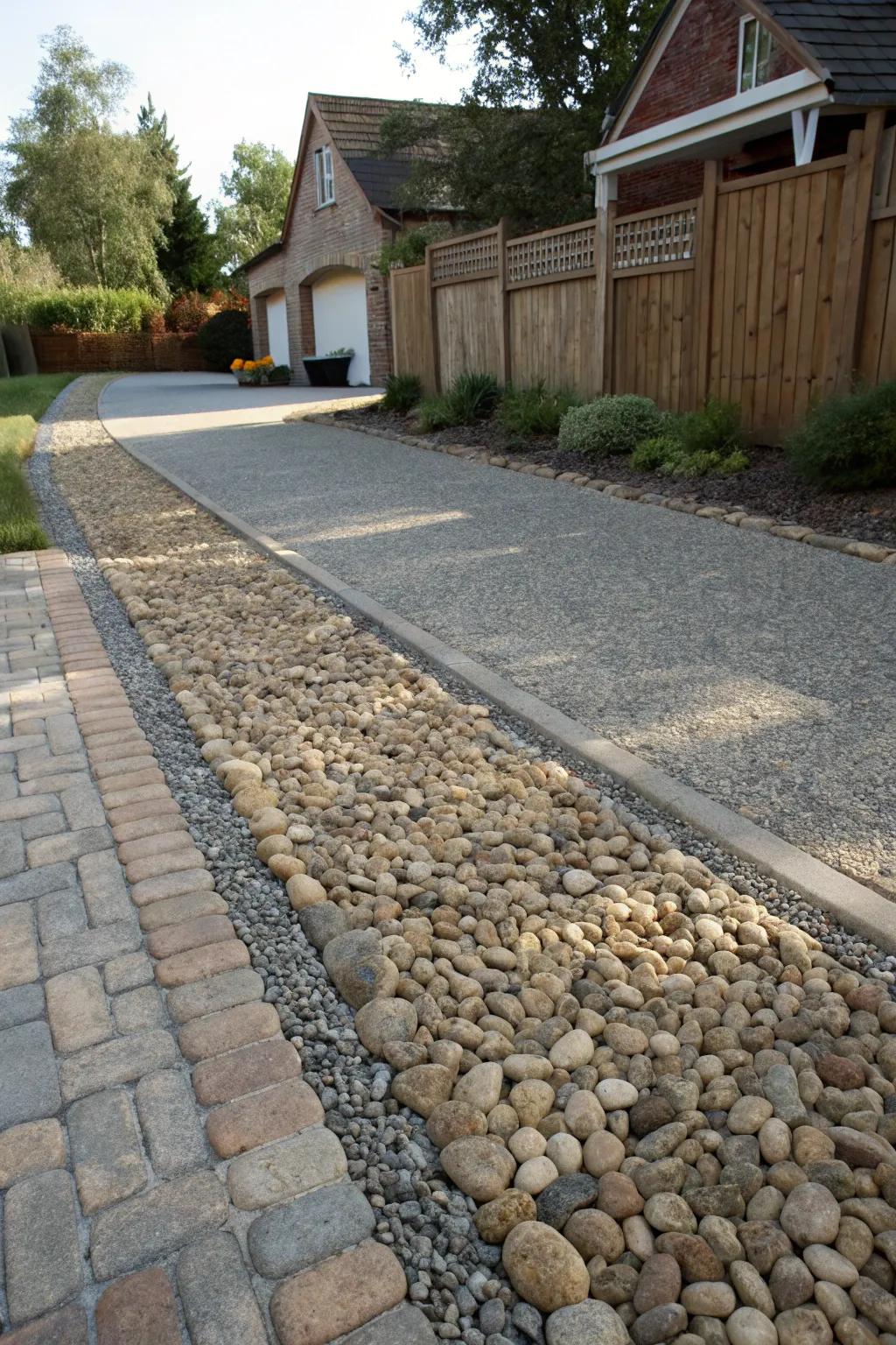 A texture mix adds depth and intrigue to the driveway.