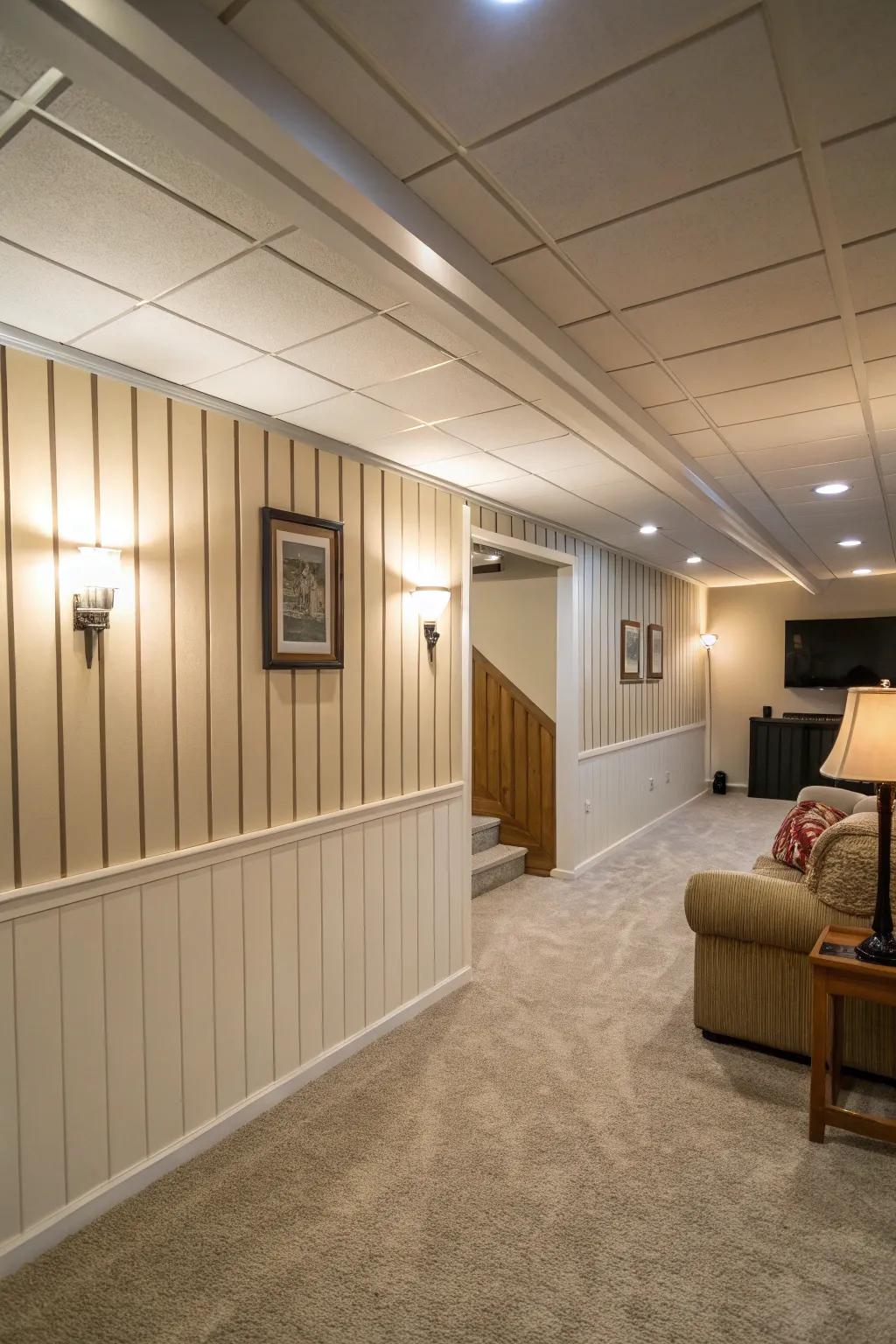 Vertical paneling gives the impression of higher walls.