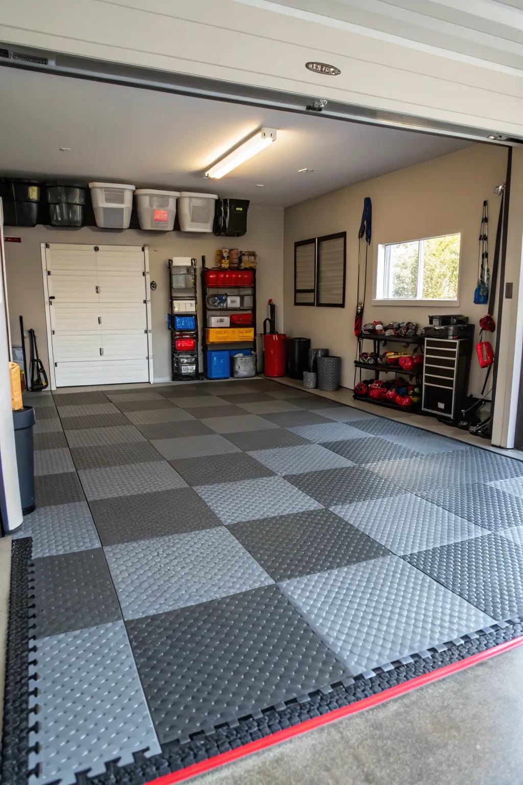 Modular flooring offers a sleek surface at a reasonable cost.