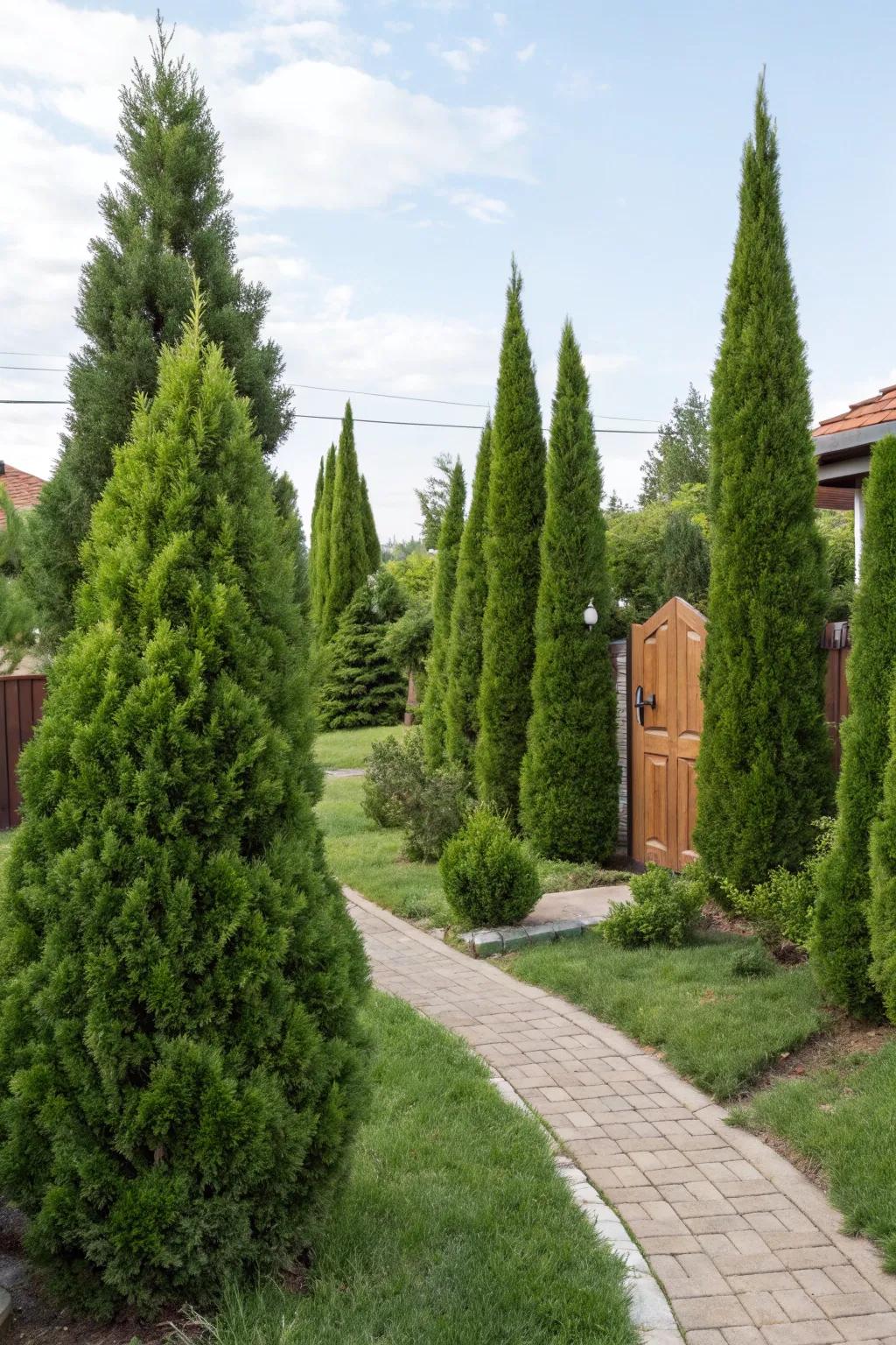 Evergreen plants providing year-round foliage in a front yard.
