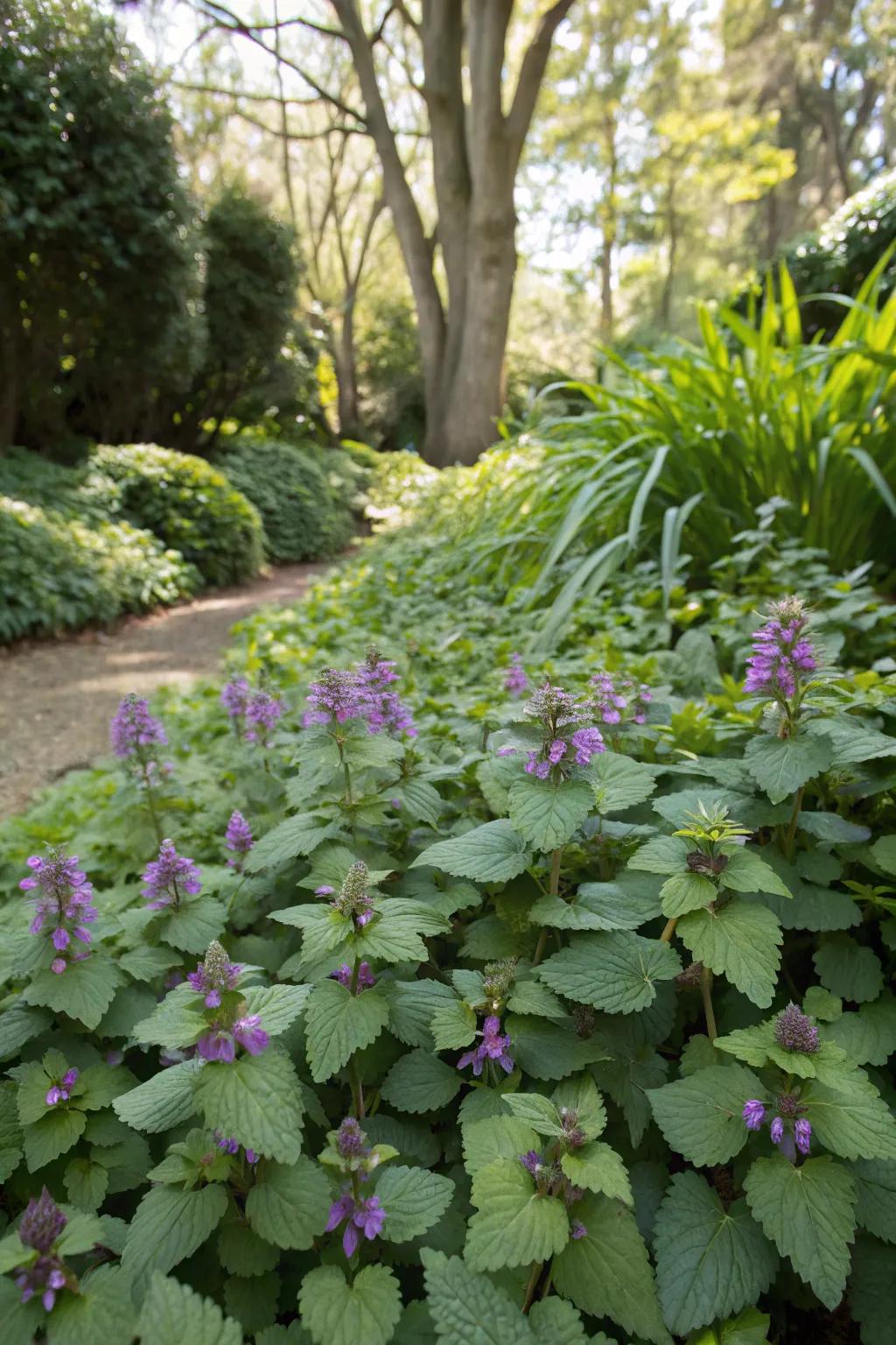 Speckled False Nettle brightening a shaded garden space.