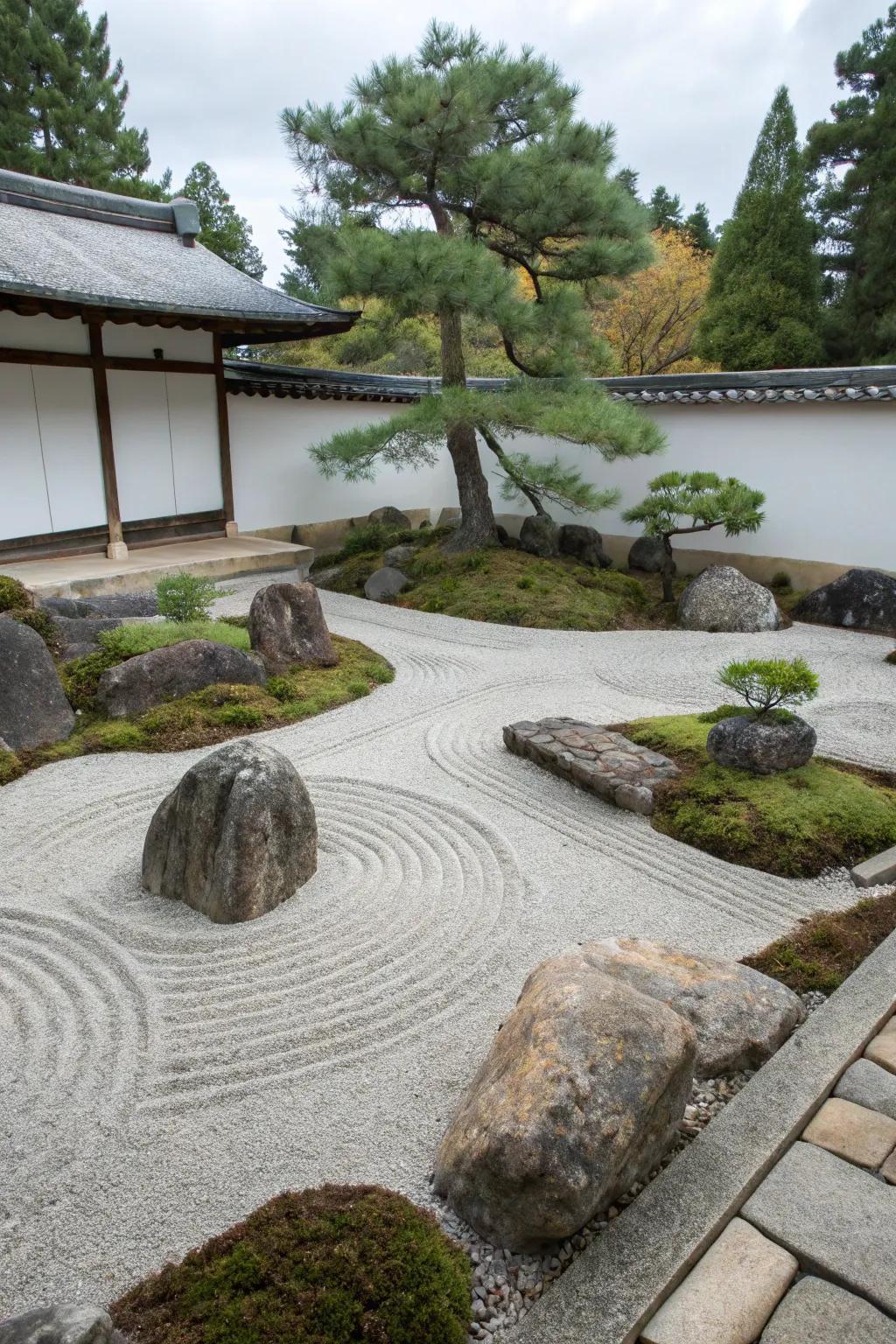 A Zen garden encourages peace and contemplation.