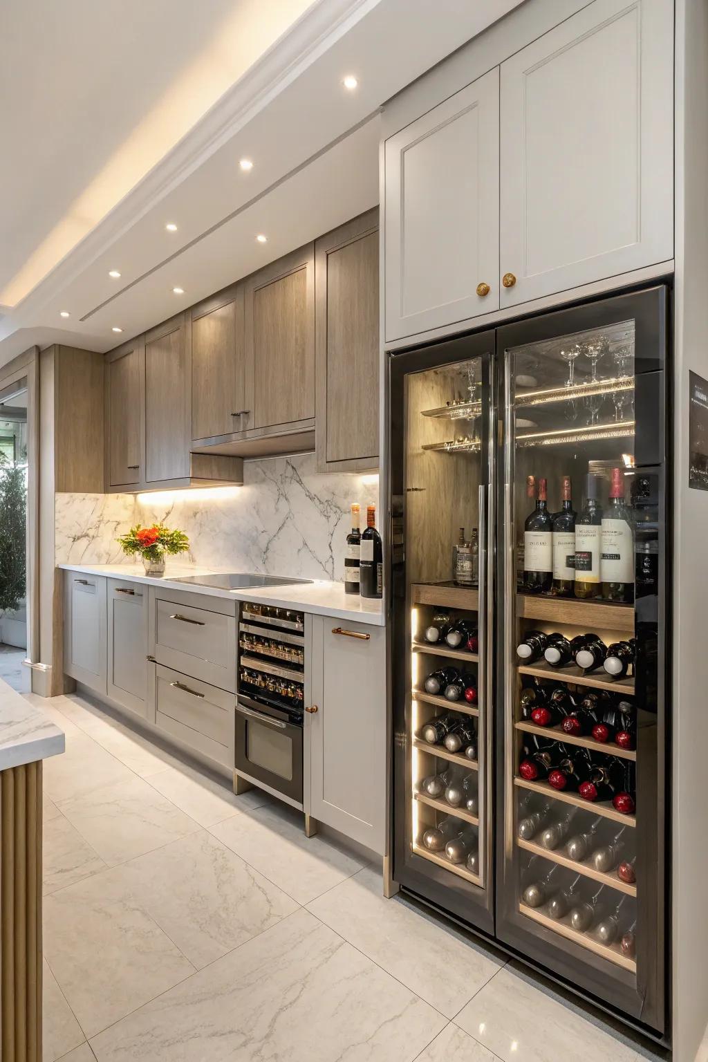 Wine storage incorporated into kitchen cupboards.