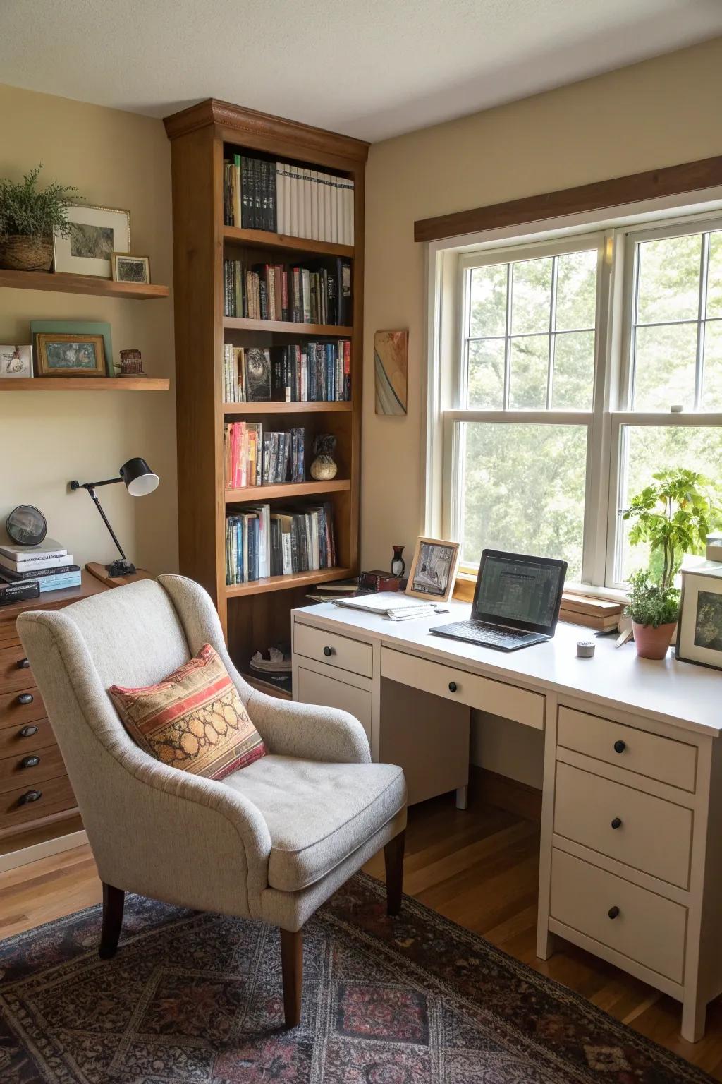 An opulent home office showcasing a cozy reading spot.