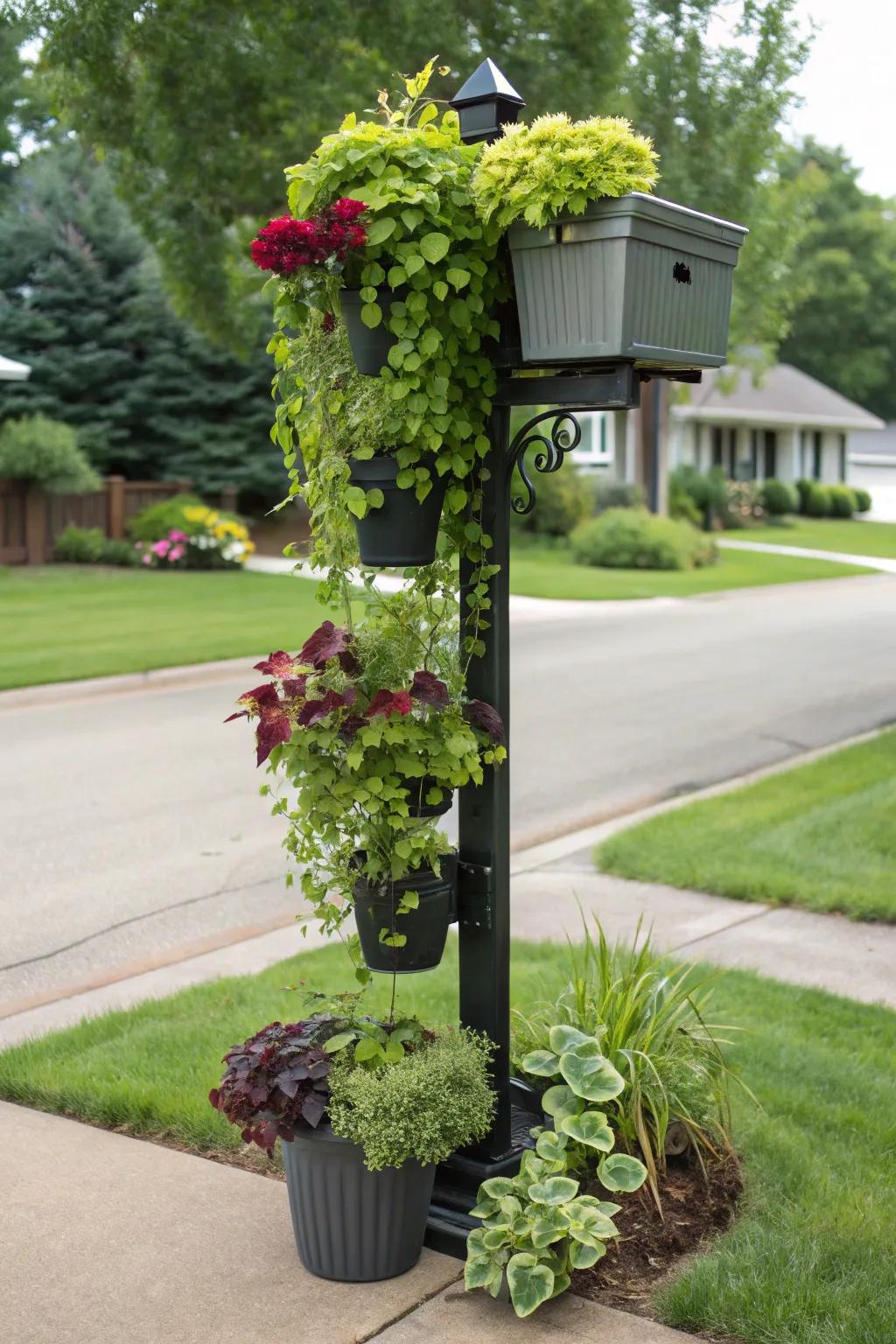 Embrace verticality with a garden on your mailbox post for an eye-catching look.