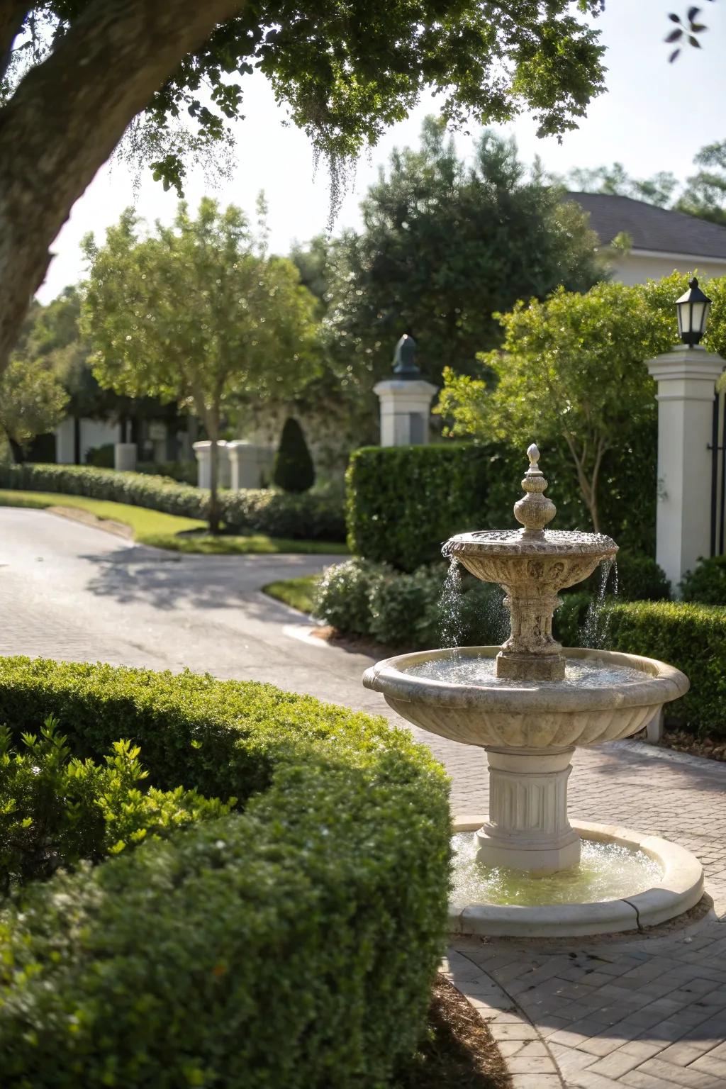 A serene fountain enhancing the entrance’s beauty.
