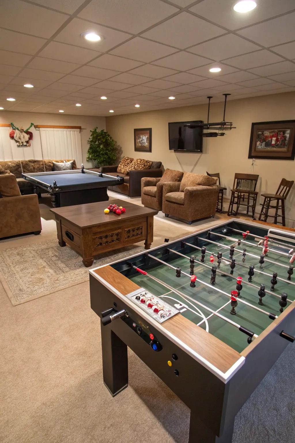 Add a competitive edge to your man cave with foosball and table tennis.