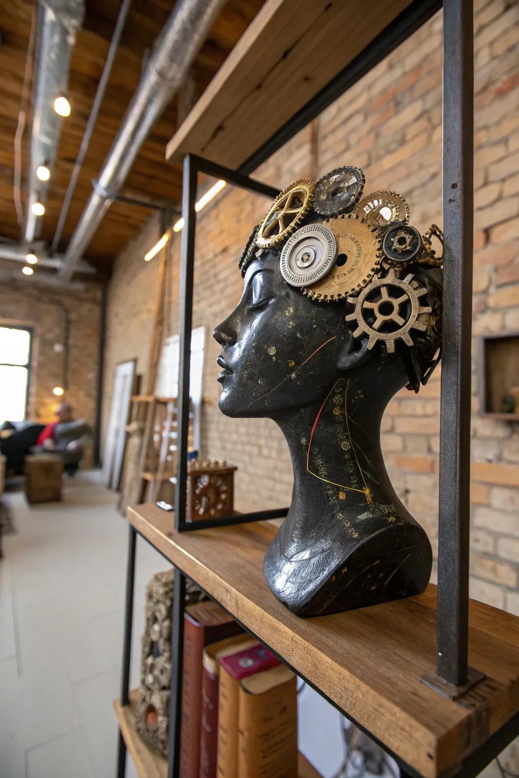 Clockwork elements impart industrial charm to decor.