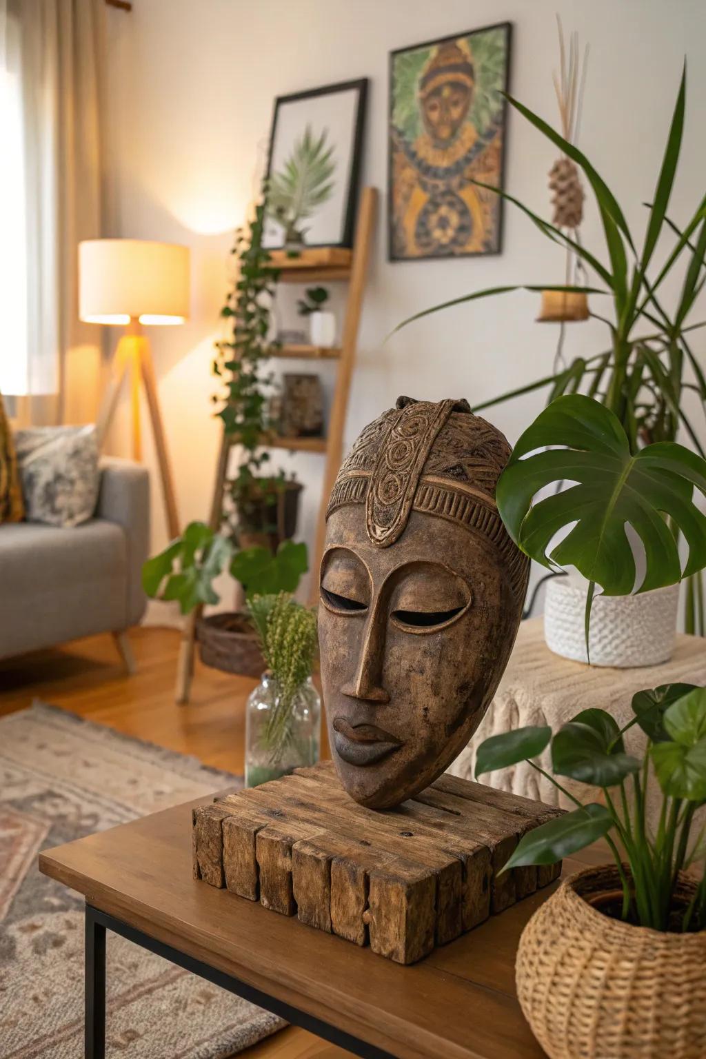 A natural mask sculpture that brings warmth to home settings.