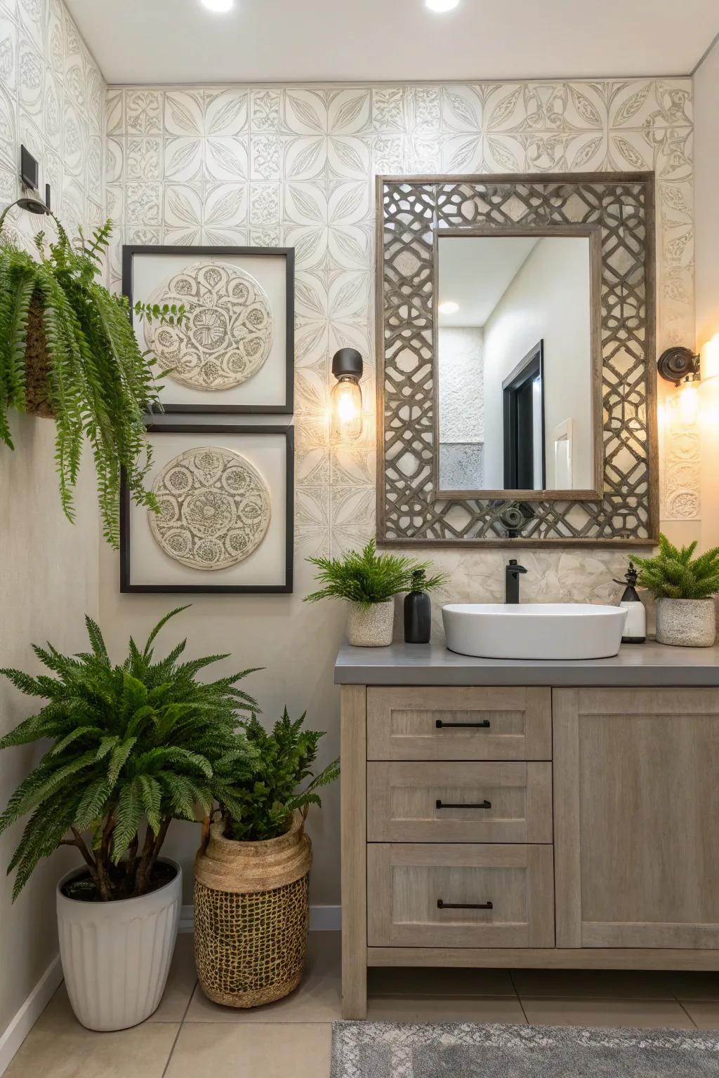 Bathroom enhanced with ornate plants and fashionable graphic art.