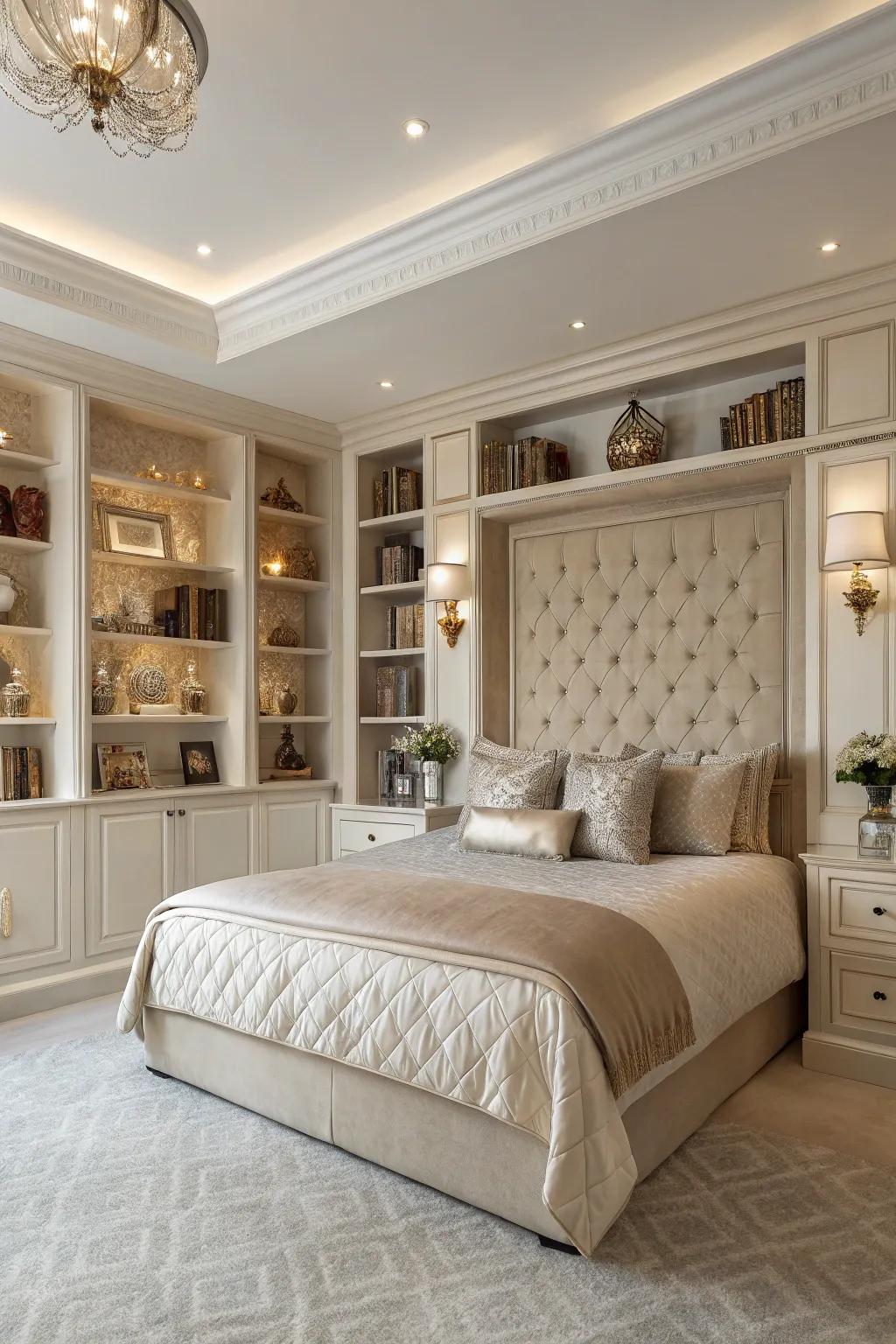 Built-in shelving offers a stylish and functional option for your headboard wall.
