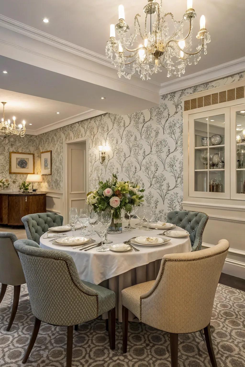 Mixed design wallpaper enriches the depth and texture of a dining space.